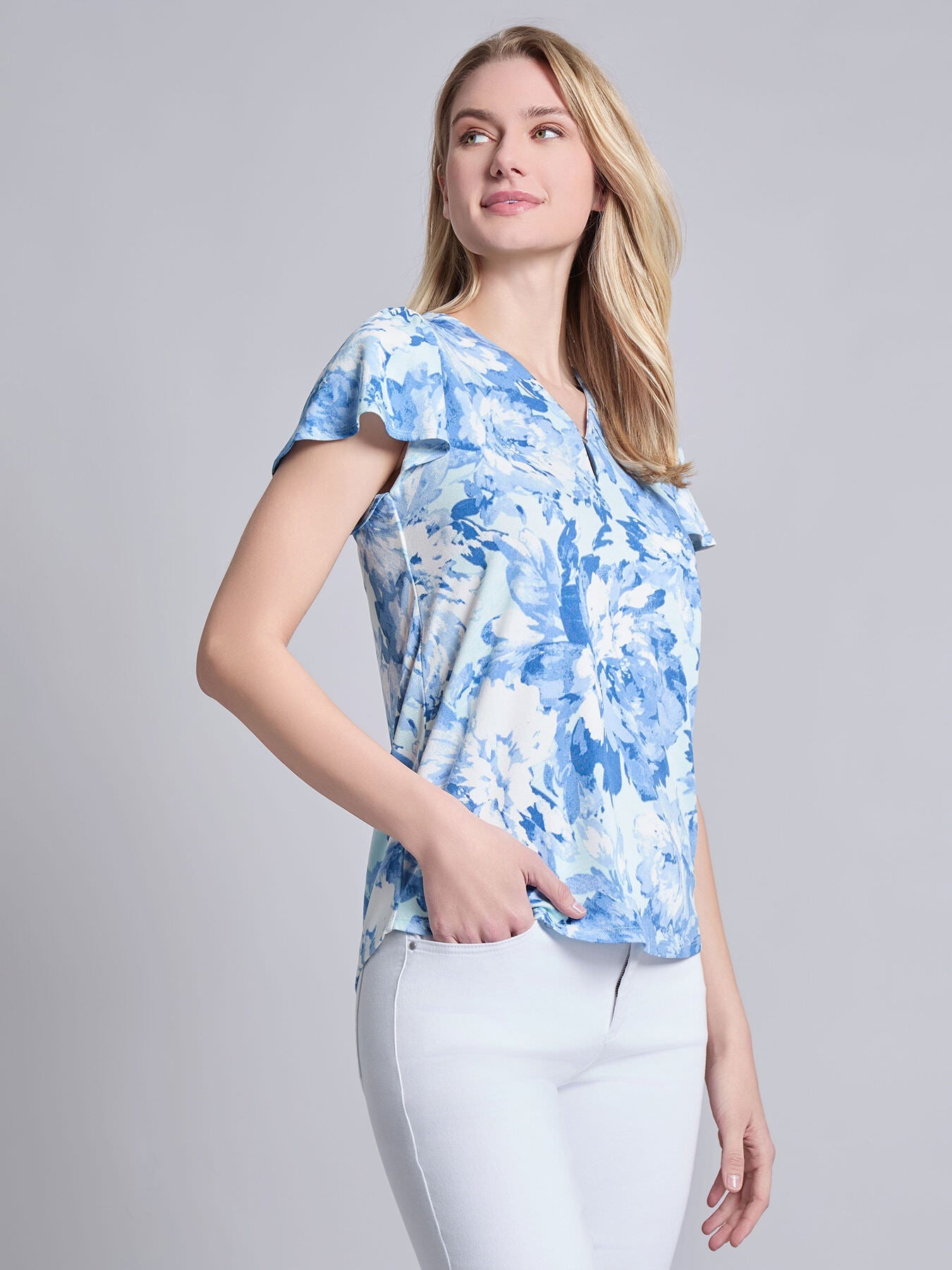Plus Flutter Sleeve V-Neck Top, Moss Crepe