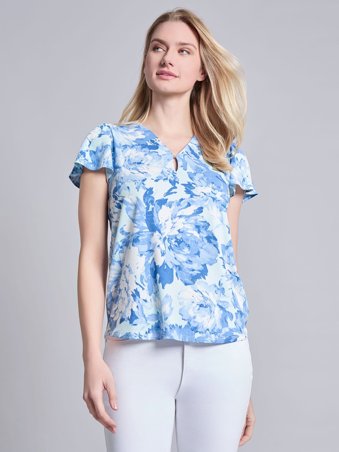 Flutter Sleeve V-Neck Top, Moss Crepe