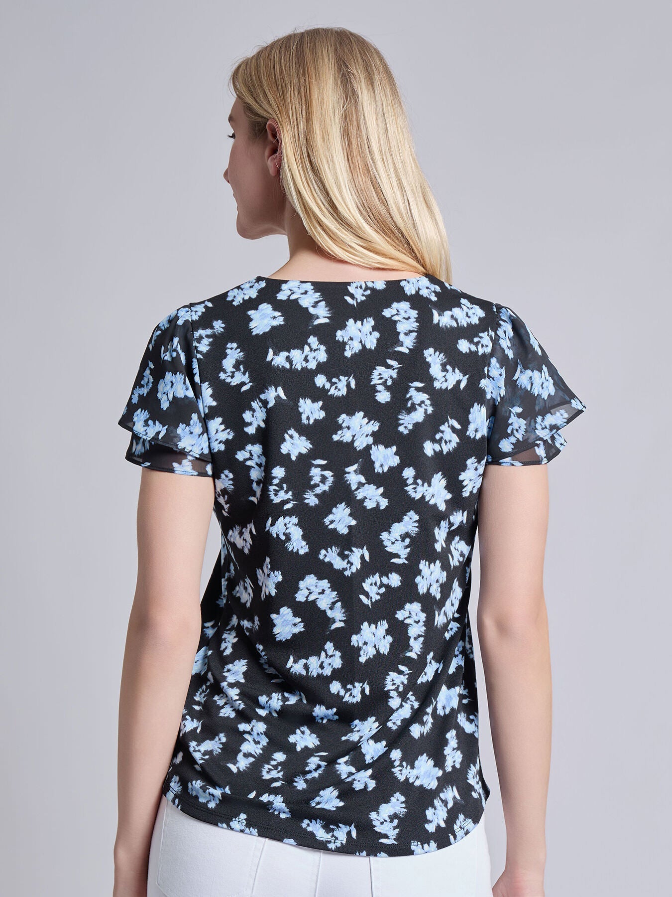 Double Flutter Sleeve V-Neck Top, Moss Crepe