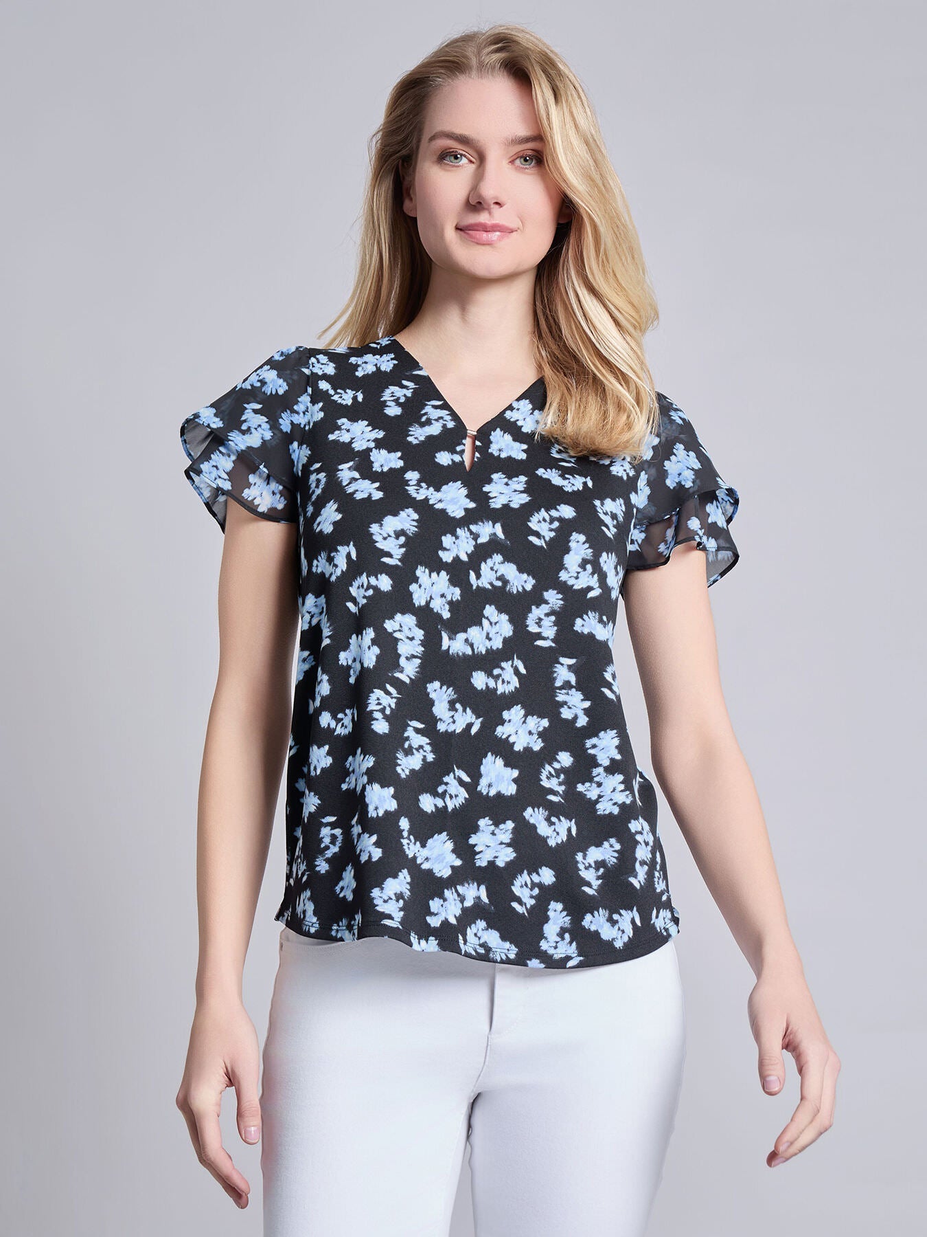 Petite Double Flutter Sleeve V-Neck Trim Top, Moss Crepe