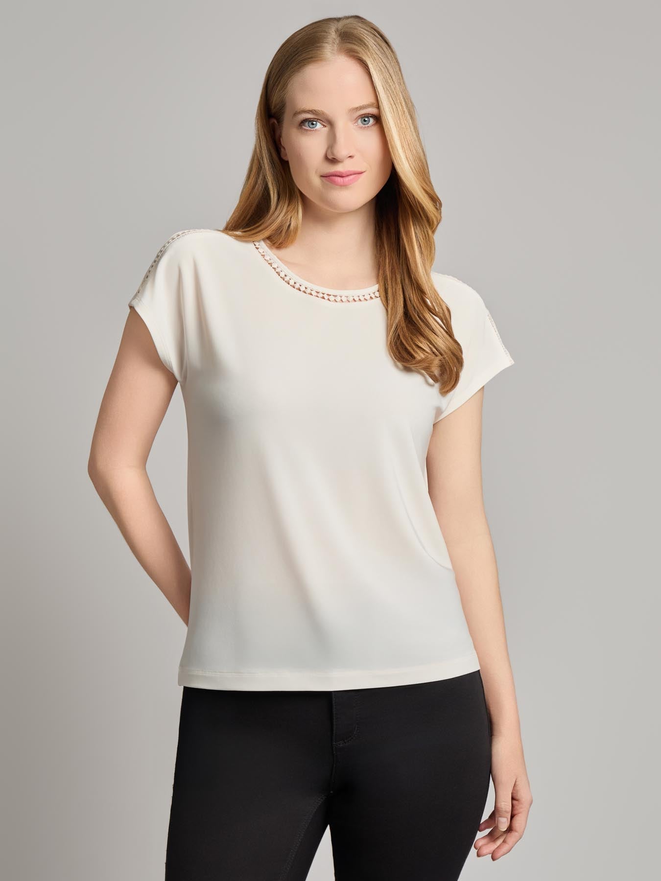 Extended Shoulder Trim Neck Top, Knit Jersey