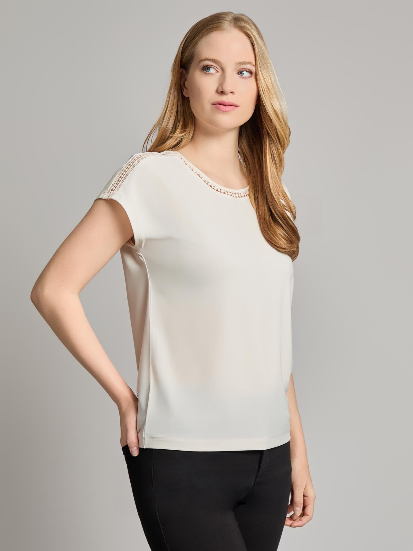 Extended Shoulder Trim Neck Top, Knit Jersey
