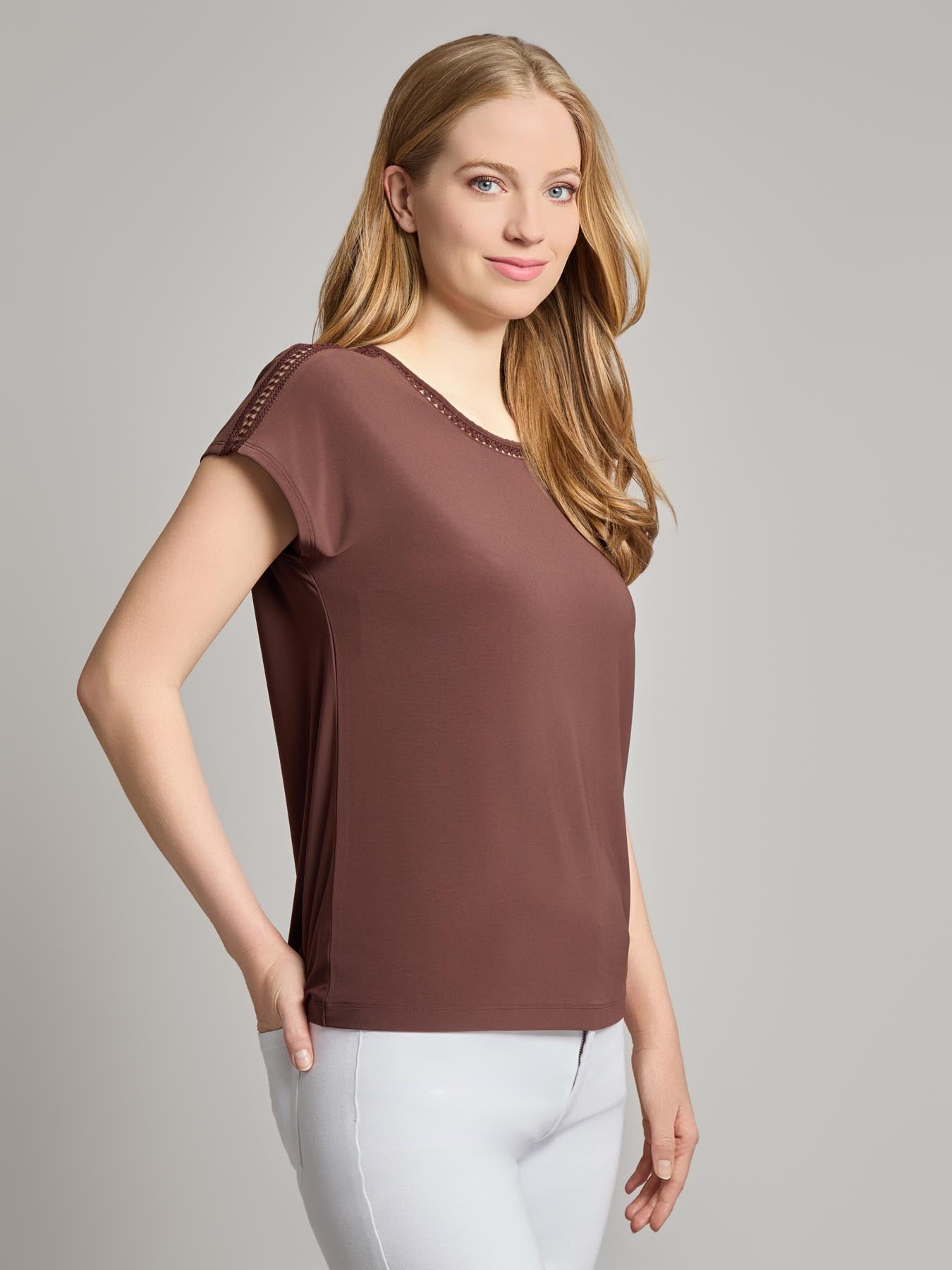 Extended Shoulder Trim Neck Top, Knit Jersey
