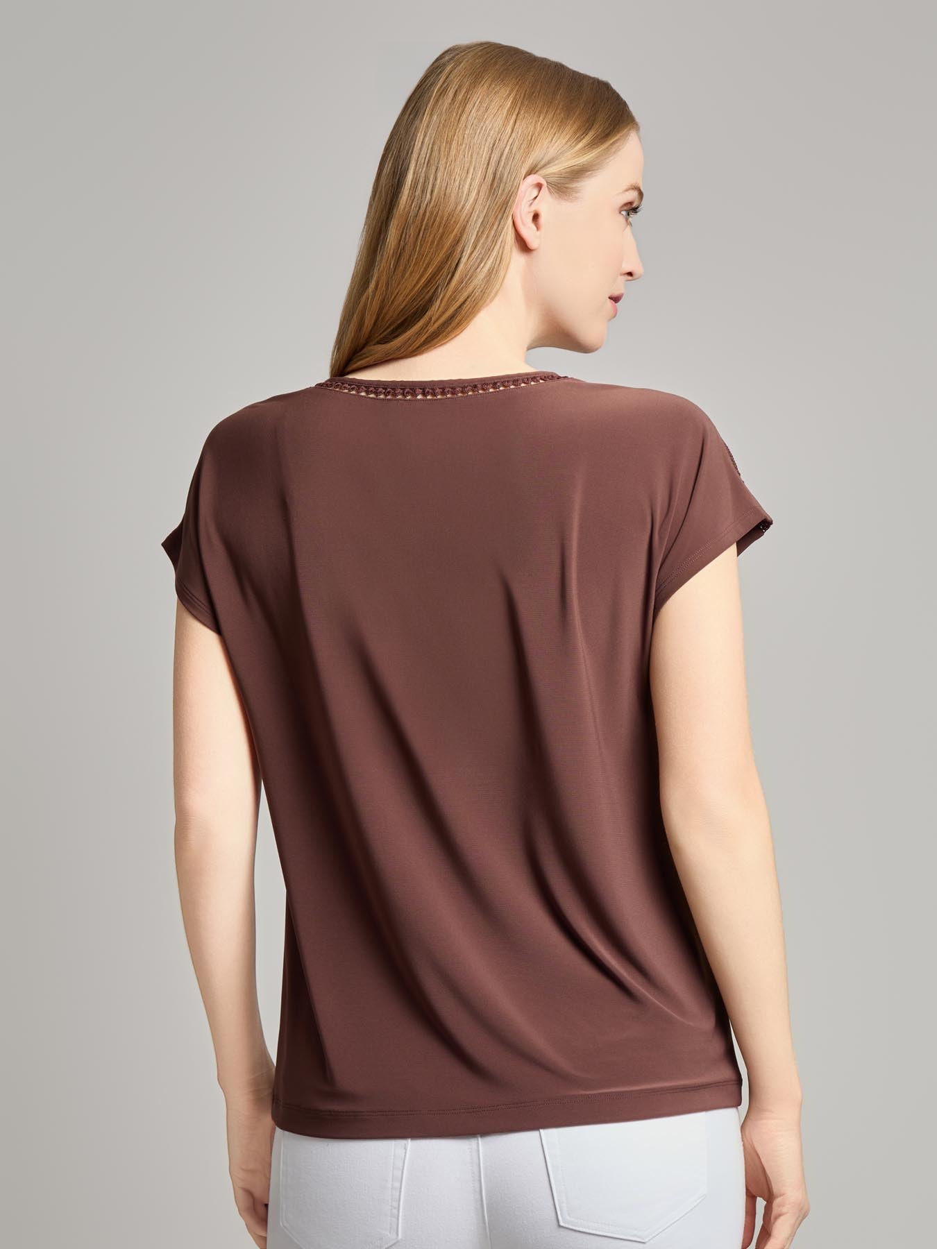 Extended Shoulder Trim Neck Top, Knit Jersey