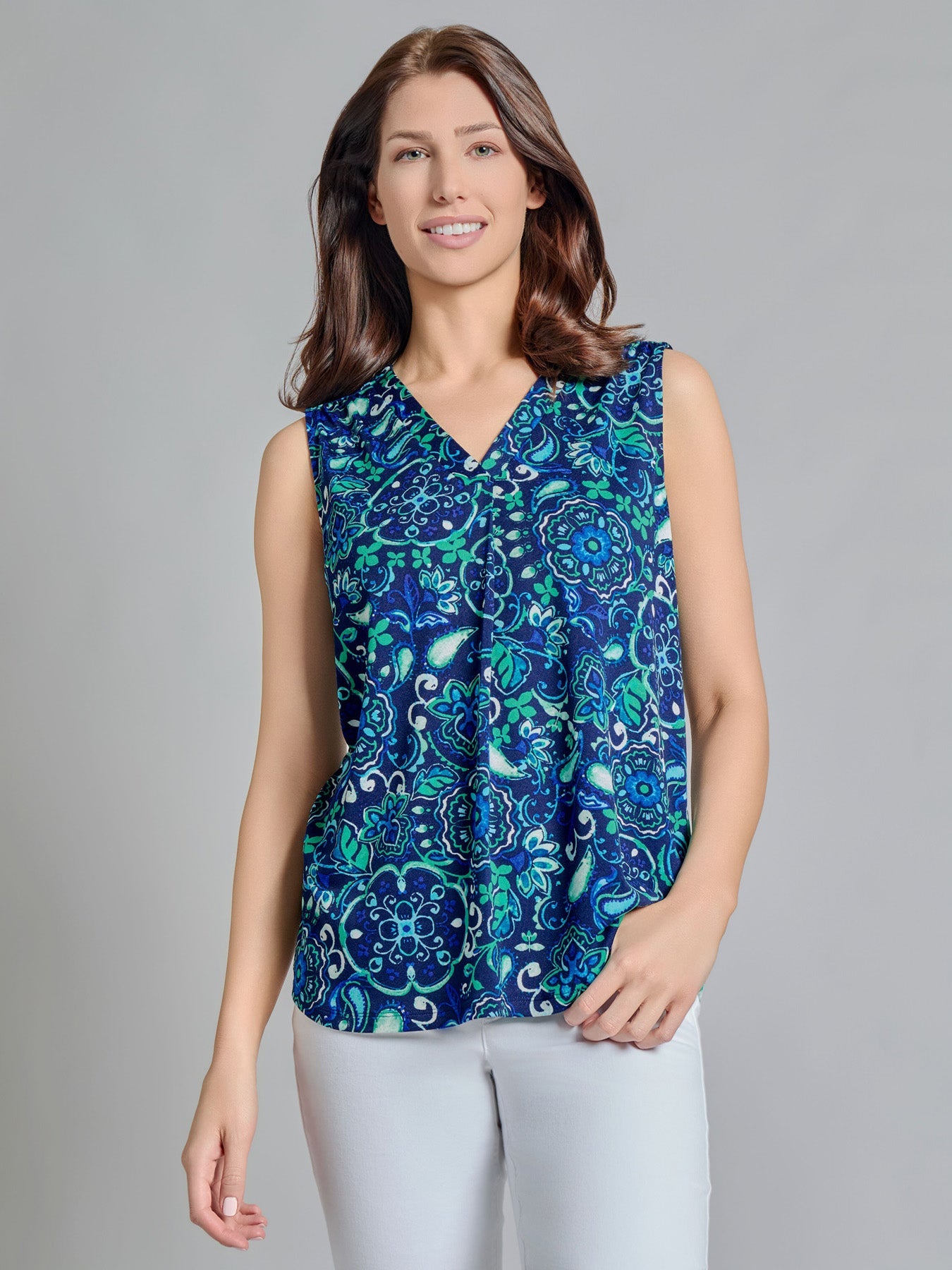 Sleeveless V-Neck Pleat Front Top