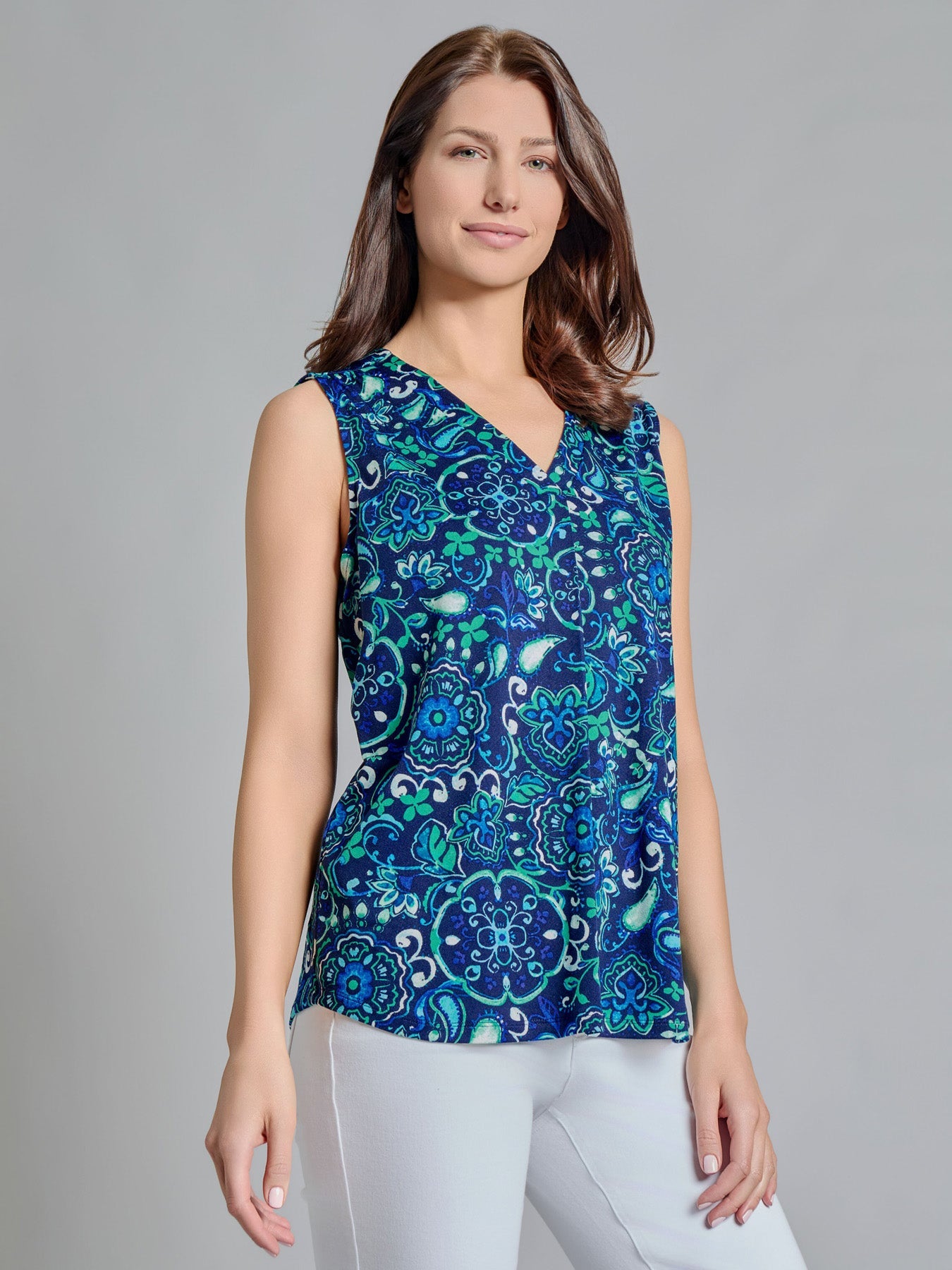 Sleeveless V-Neck Pleat Front Top