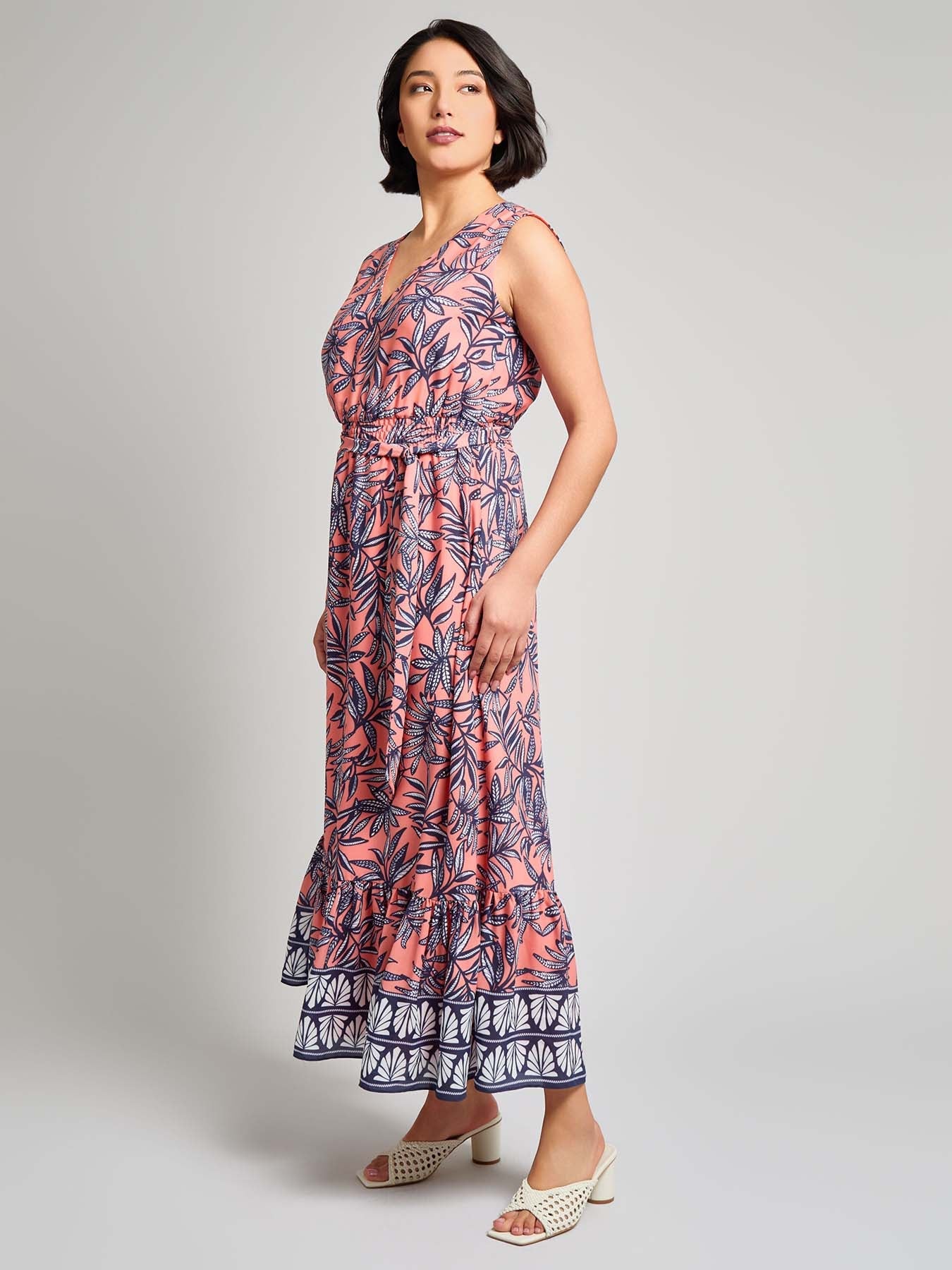 V-Neck Belted Maxi Dress, Crepe de Chine