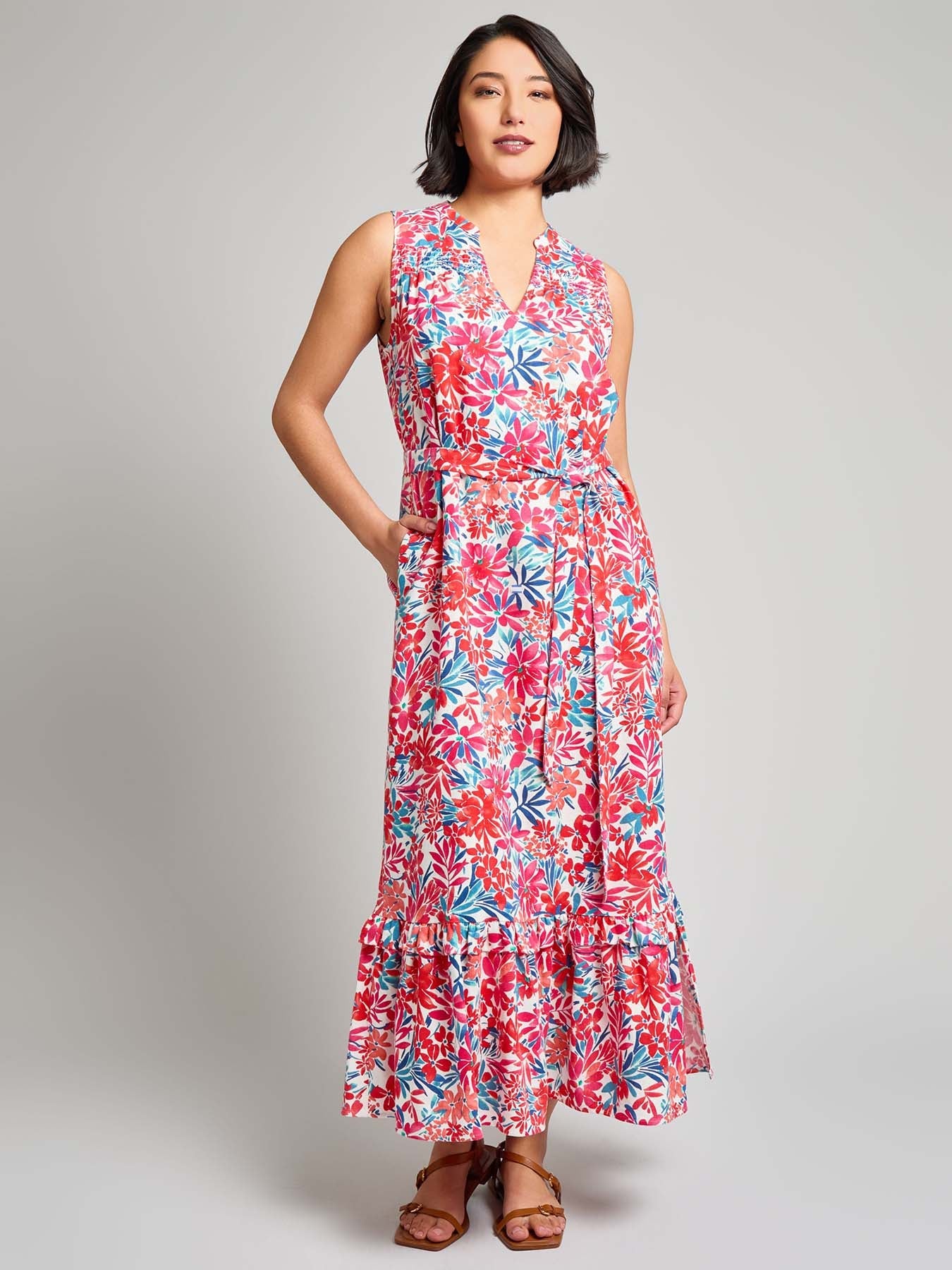 V-Neck Flounce Maxi Dress, Linen Blend