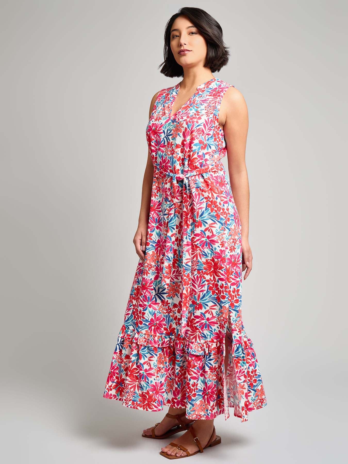 V-Neck Flounce Maxi Dress, Linen Blend