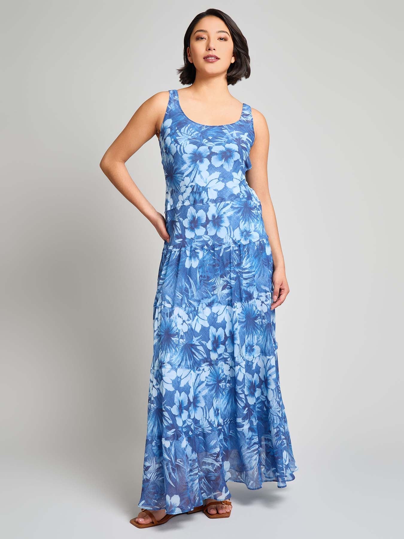 Sleeveless Tiered Maxi Dress, Printed Chiffon Yoryu