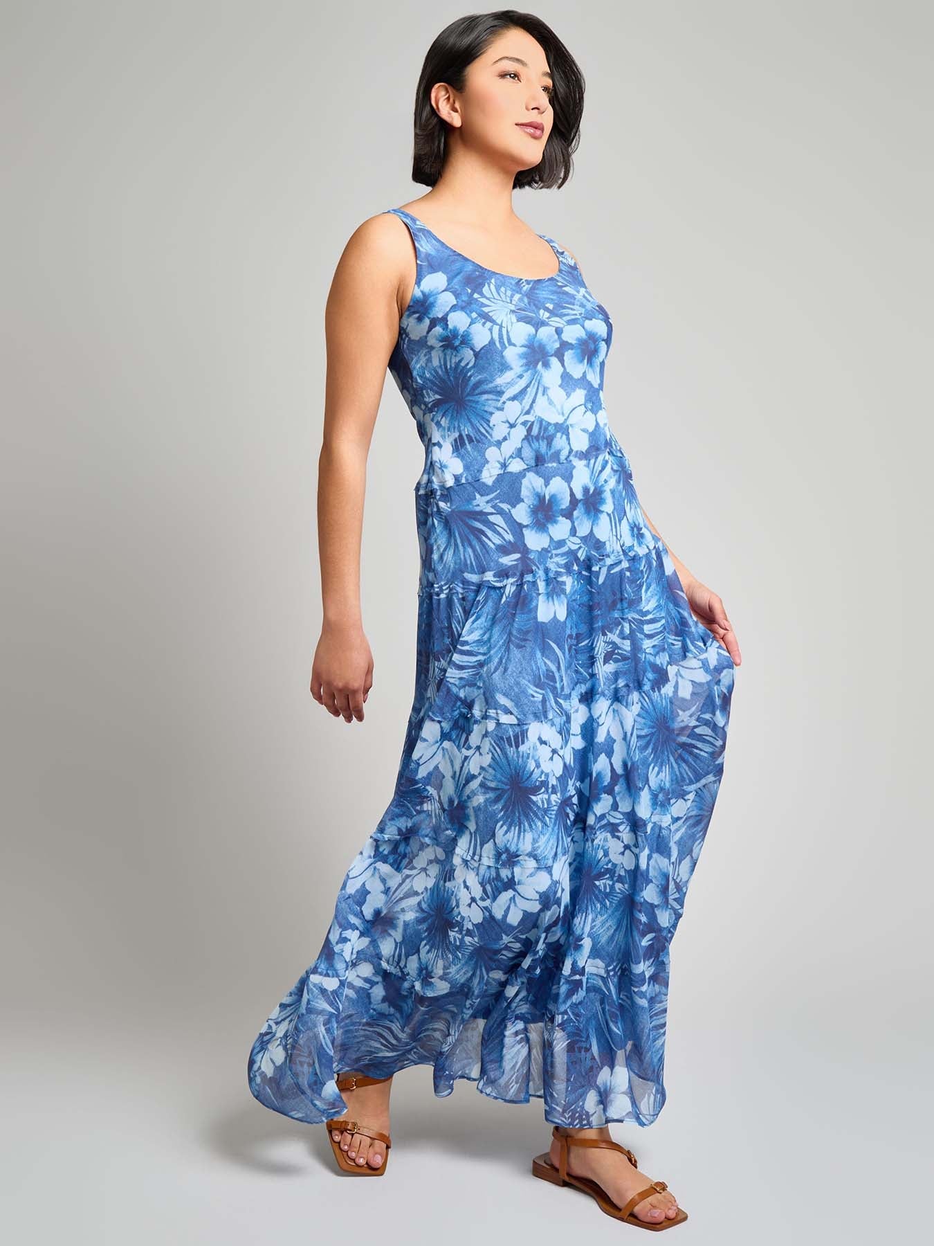 Sleeveless Tiered Maxi Dress, Printed Chiffon Yoryu