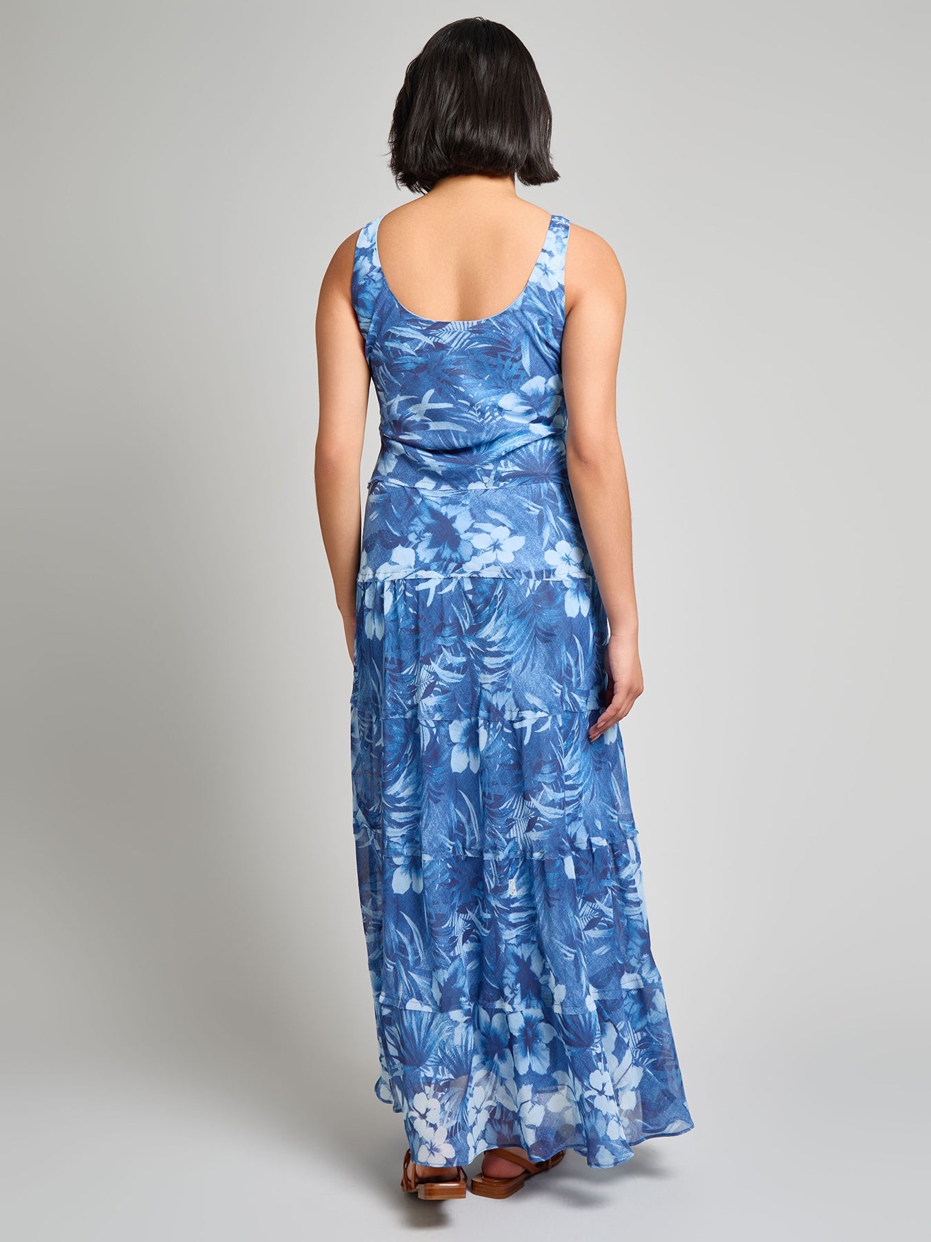Sleeveless Tiered Maxi Dress, Printed Chiffon Yoryu