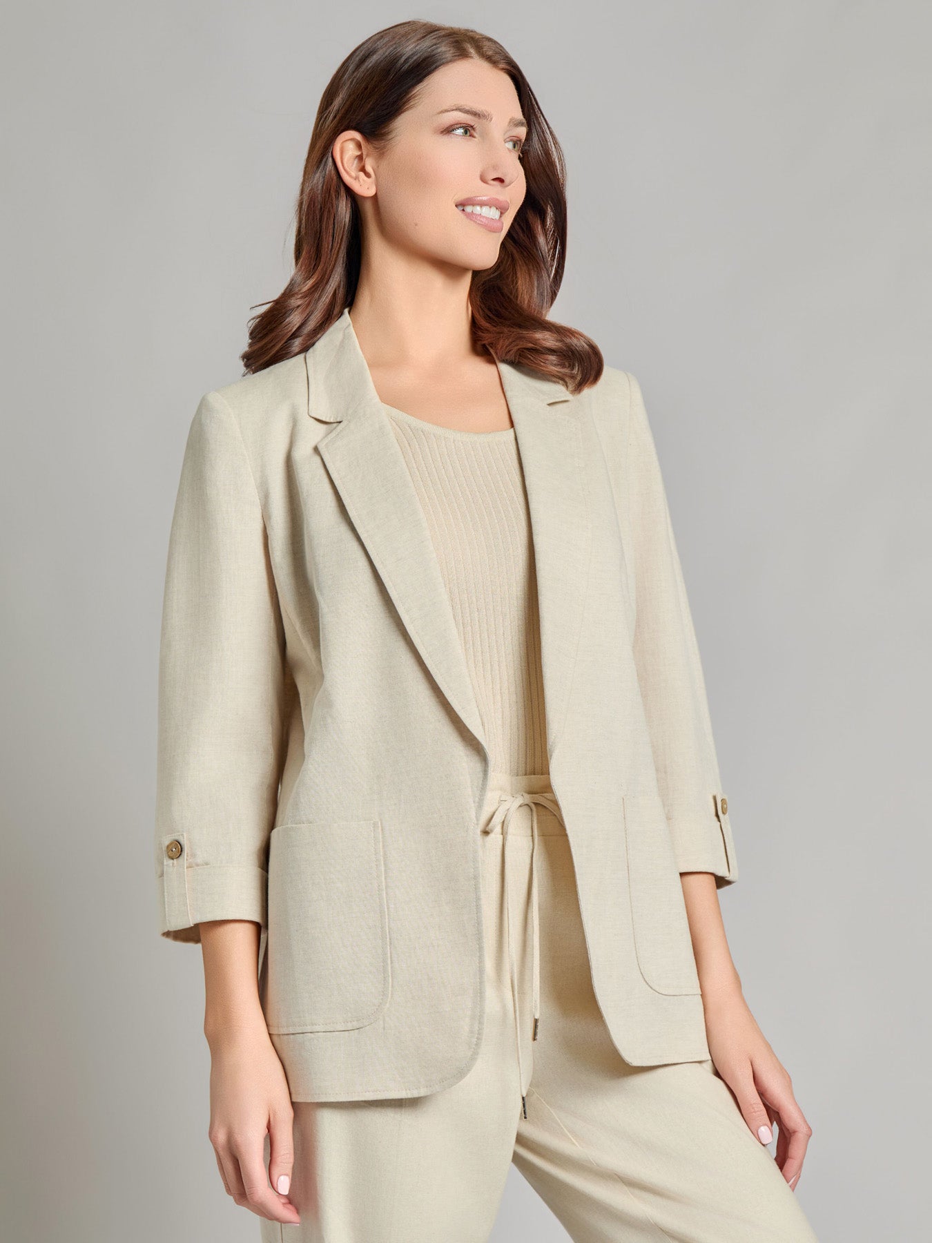 Notch Collar Roll Tab Sleeve Blazer, Linen Blend