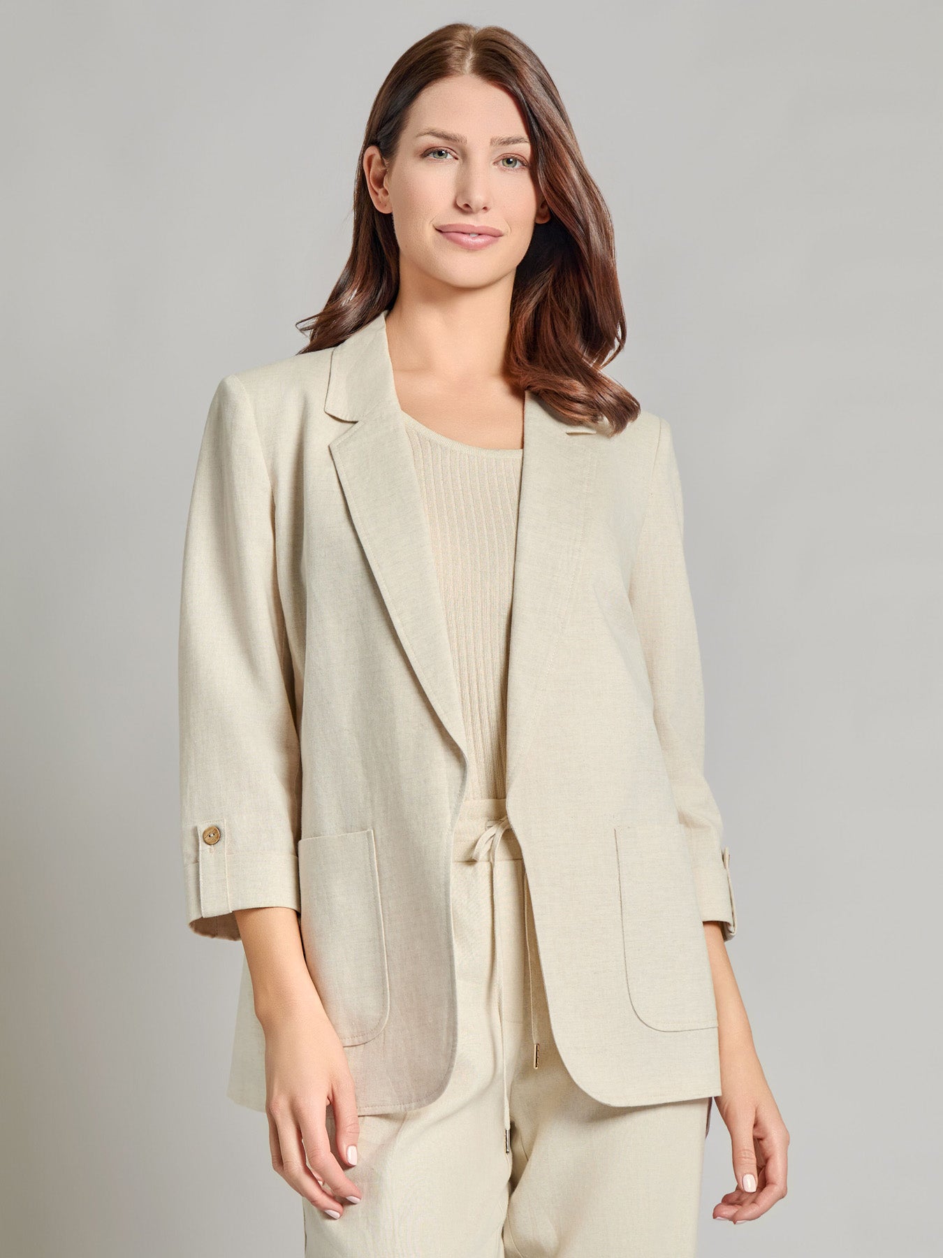 Notch Collar Roll Tab Sleeve Blazer, Linen Blend