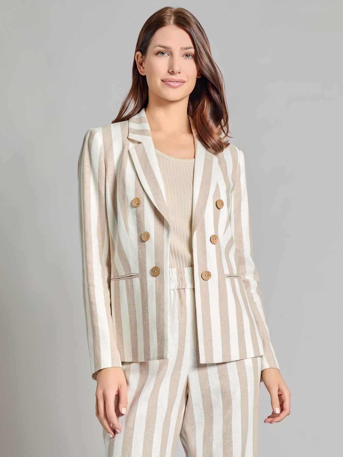 Faux Double Breasted Stripe Blazer, Linen Blend