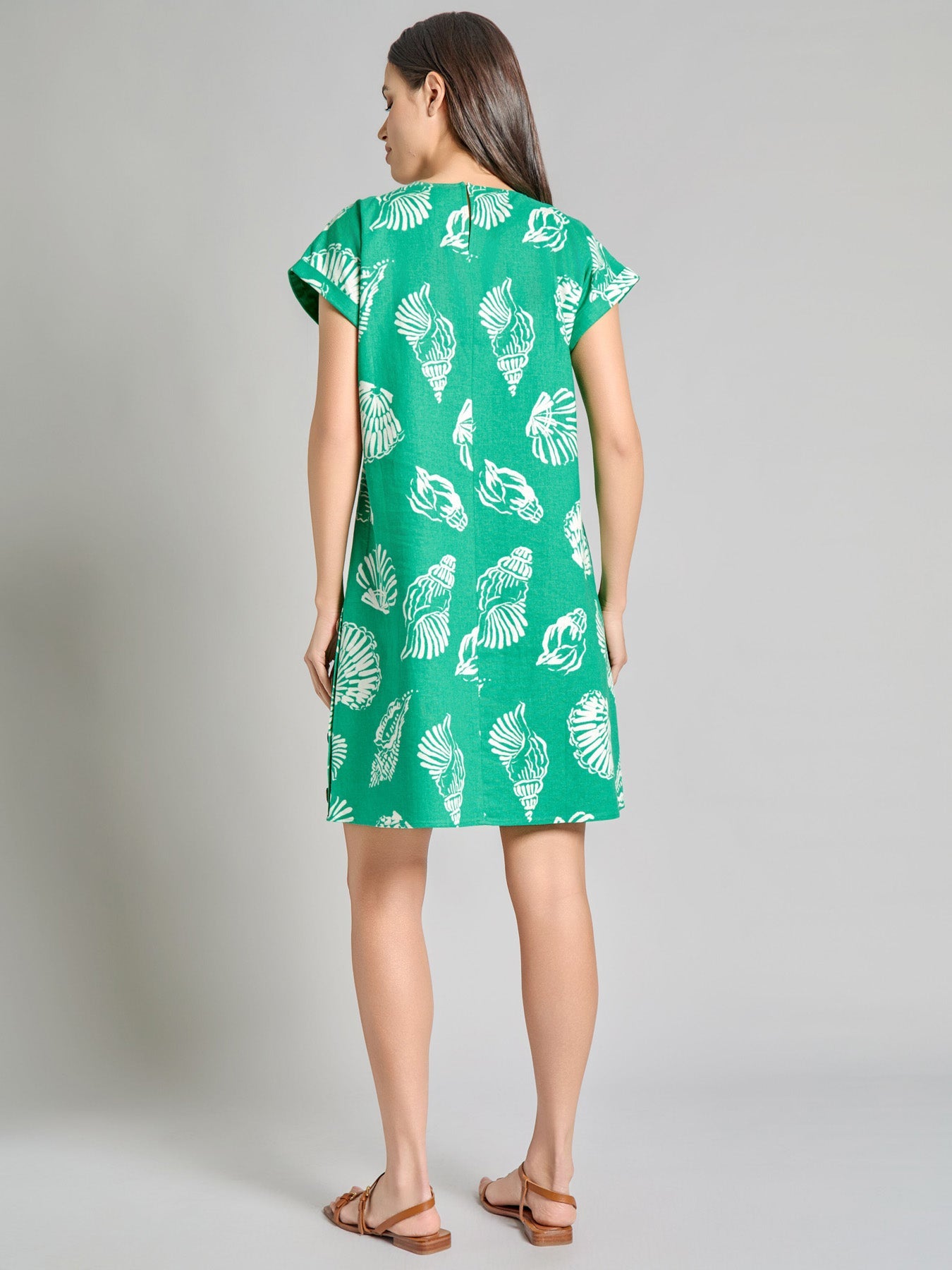 Short Sleeve Side Button Swing Dress, Linen Blend