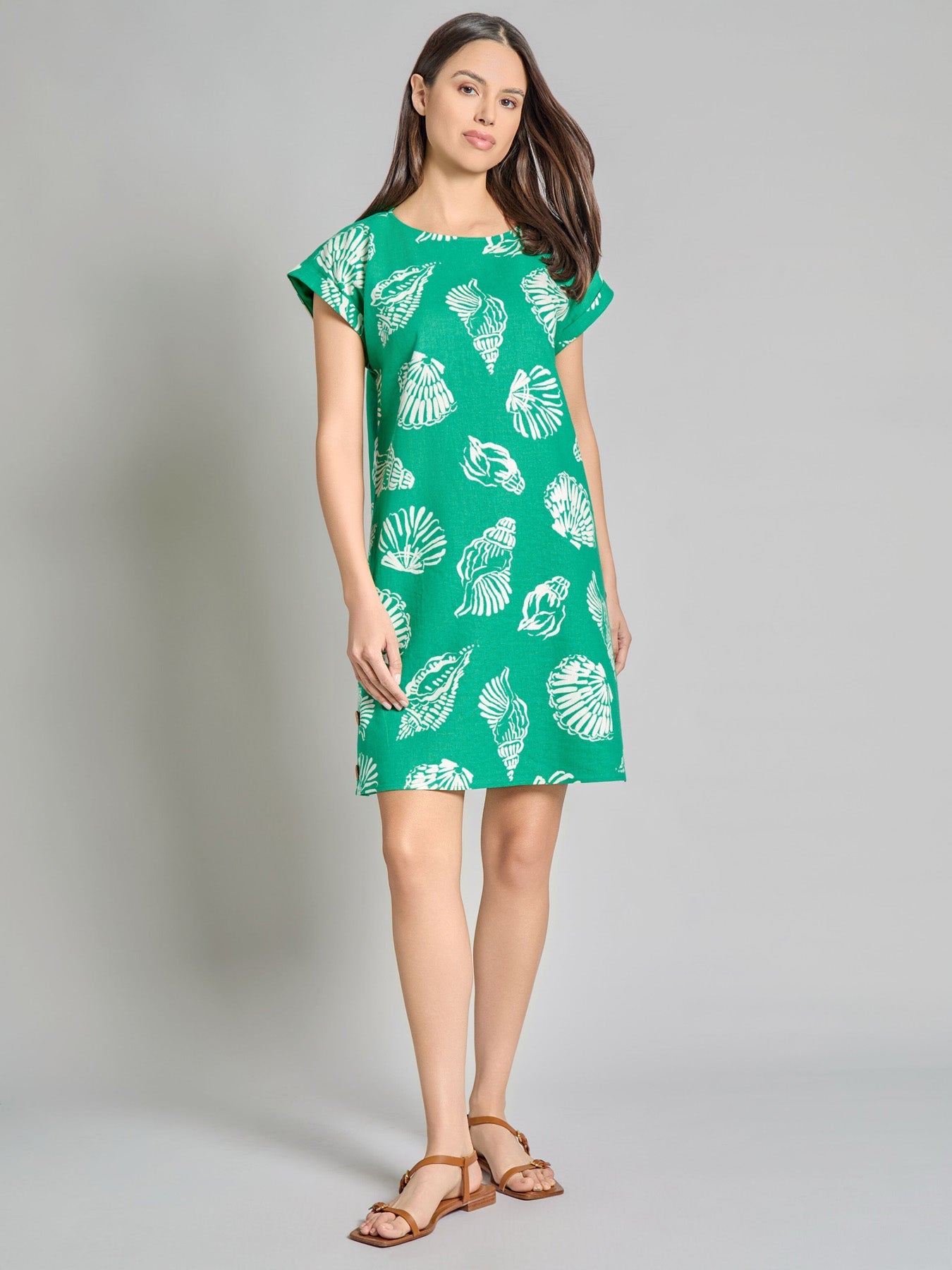 Plus Short Sleeve Side Button Swing Dress, Linen Blend