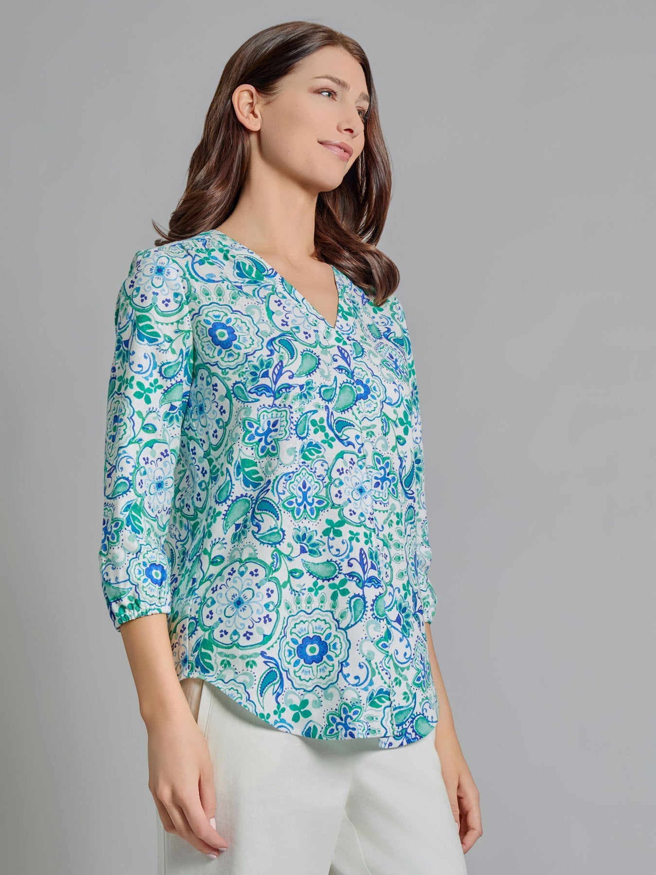 Plus V-Neck Pleated Kelly Blouse, Linen Blend