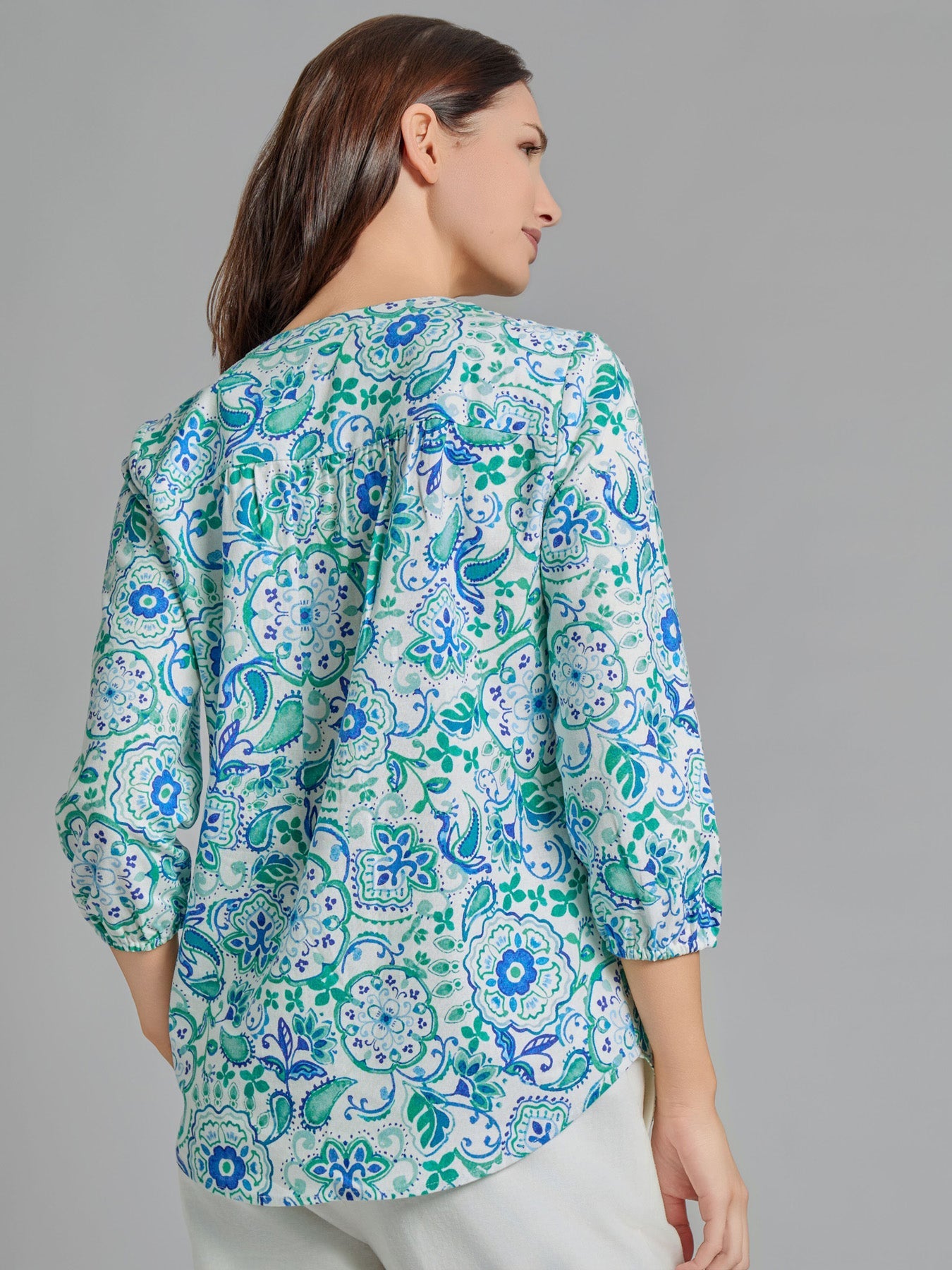 V-Neck Pleated Kelly Blouse, Linen Blend