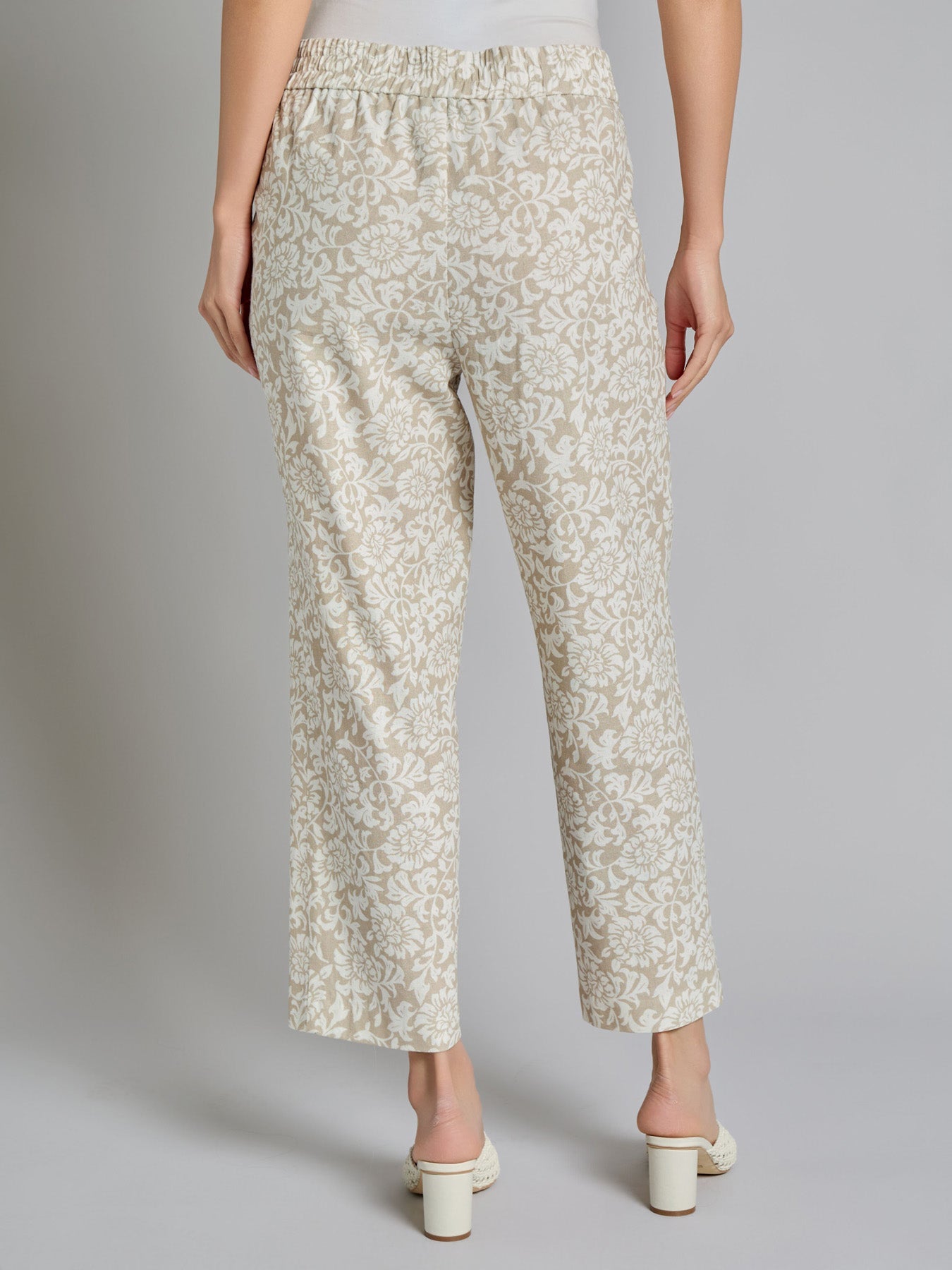 Print Pull-On Cropped Pants, Linen Blend