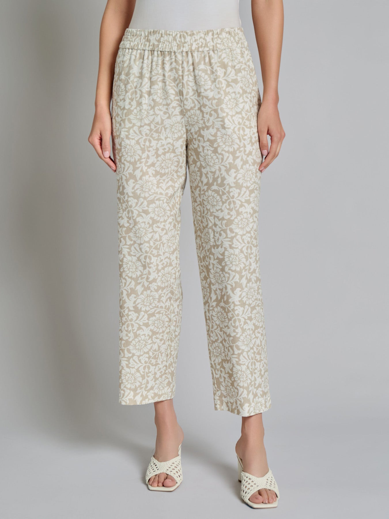 Print Pull-On Cropped Pants, Linen Blend