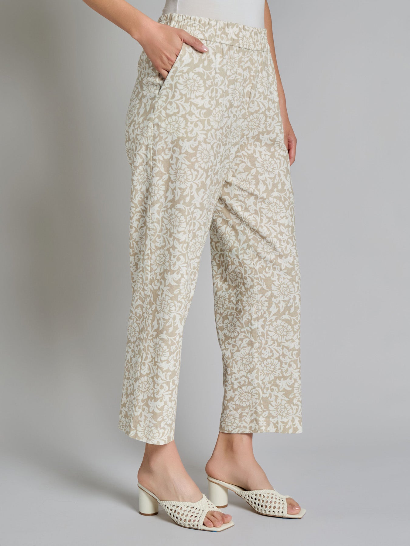 Print Pull-On Cropped Pants, Linen Blend