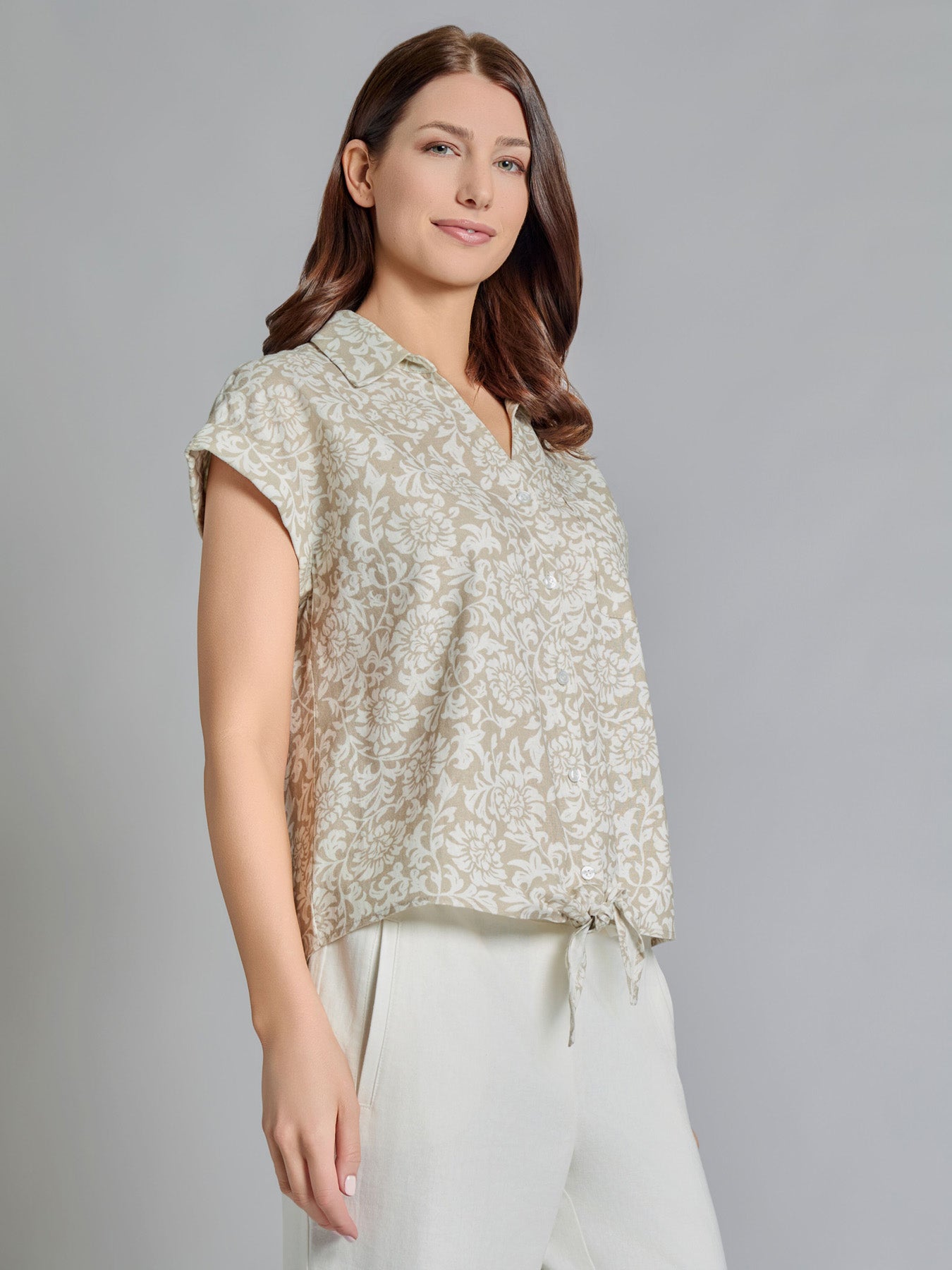 Tie-Front Button-Front Blouse, Linen Blend