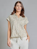 Tie-Front Button-Front Blouse, Linen Blend