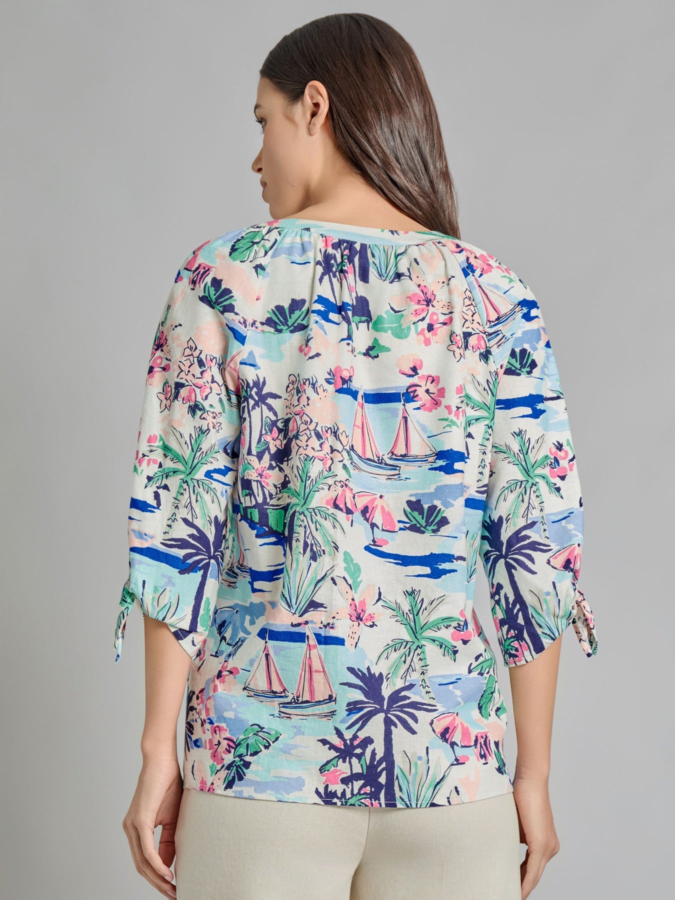 V-Neck Print Tie-Sleeve Blouse, Linen Blend