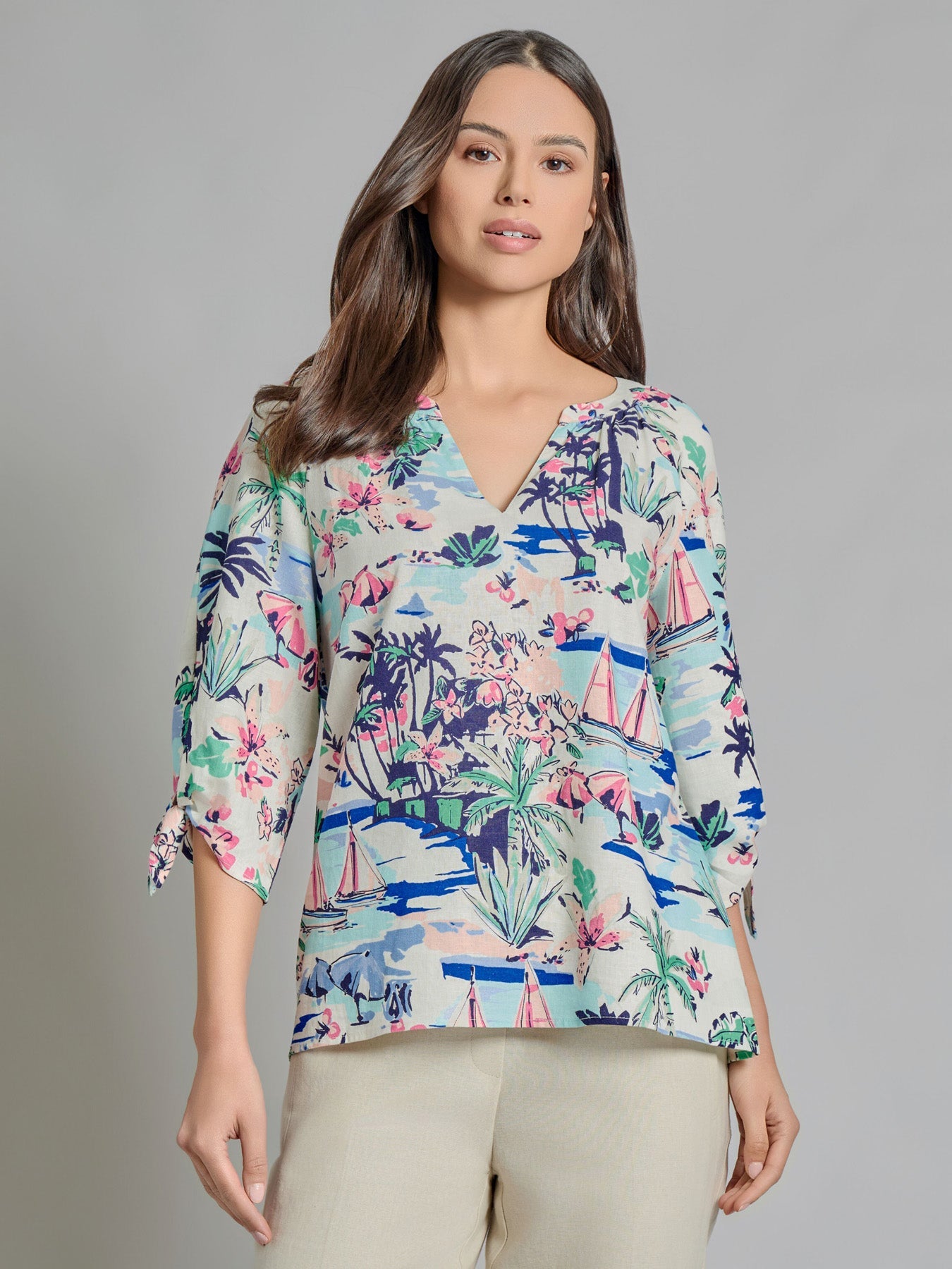 V-Neck Print Tie-Sleeve Blouse, Linen Blend