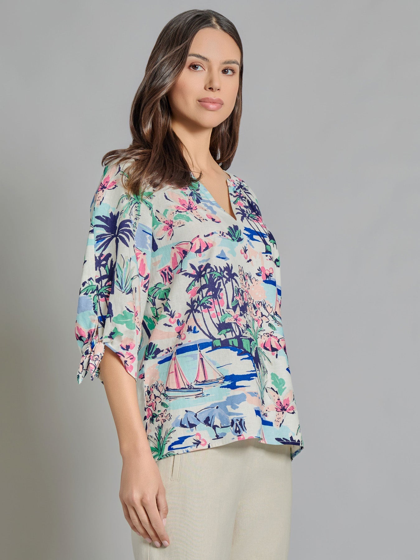 V-Neck Print Tie-Sleeve Blouse, Linen Blend