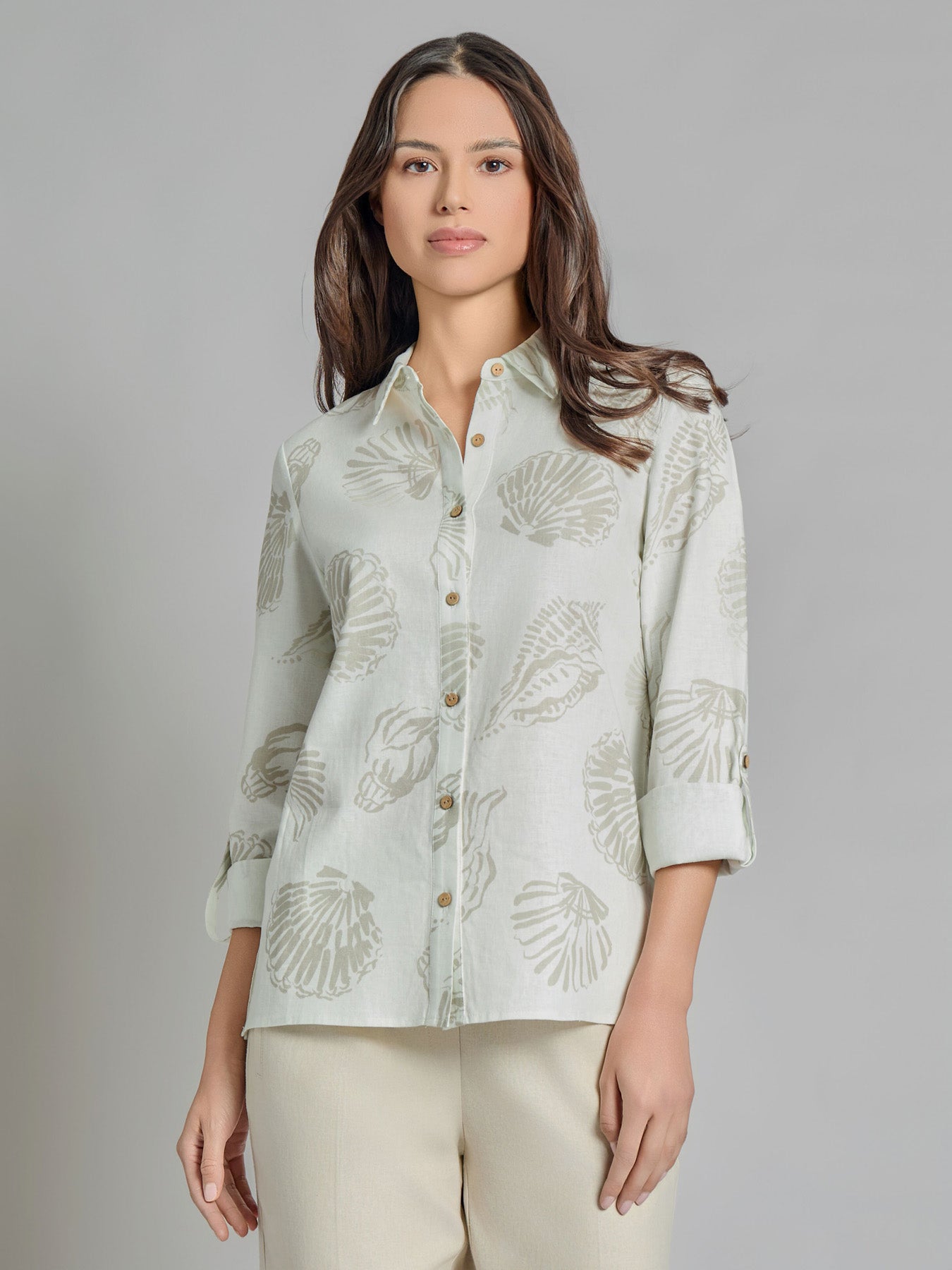 Roll-Tab Button-Front Blouse, Linen Blend