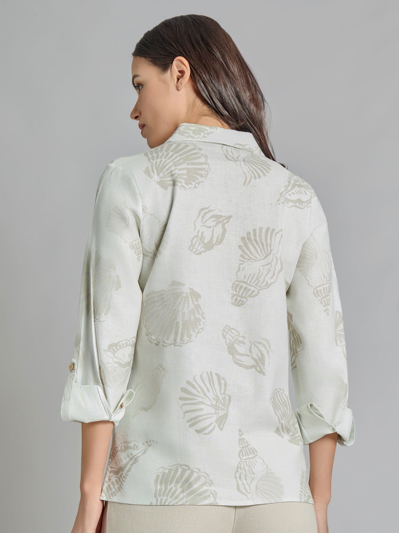 Roll-Tab Button-Front Blouse, Linen Blend