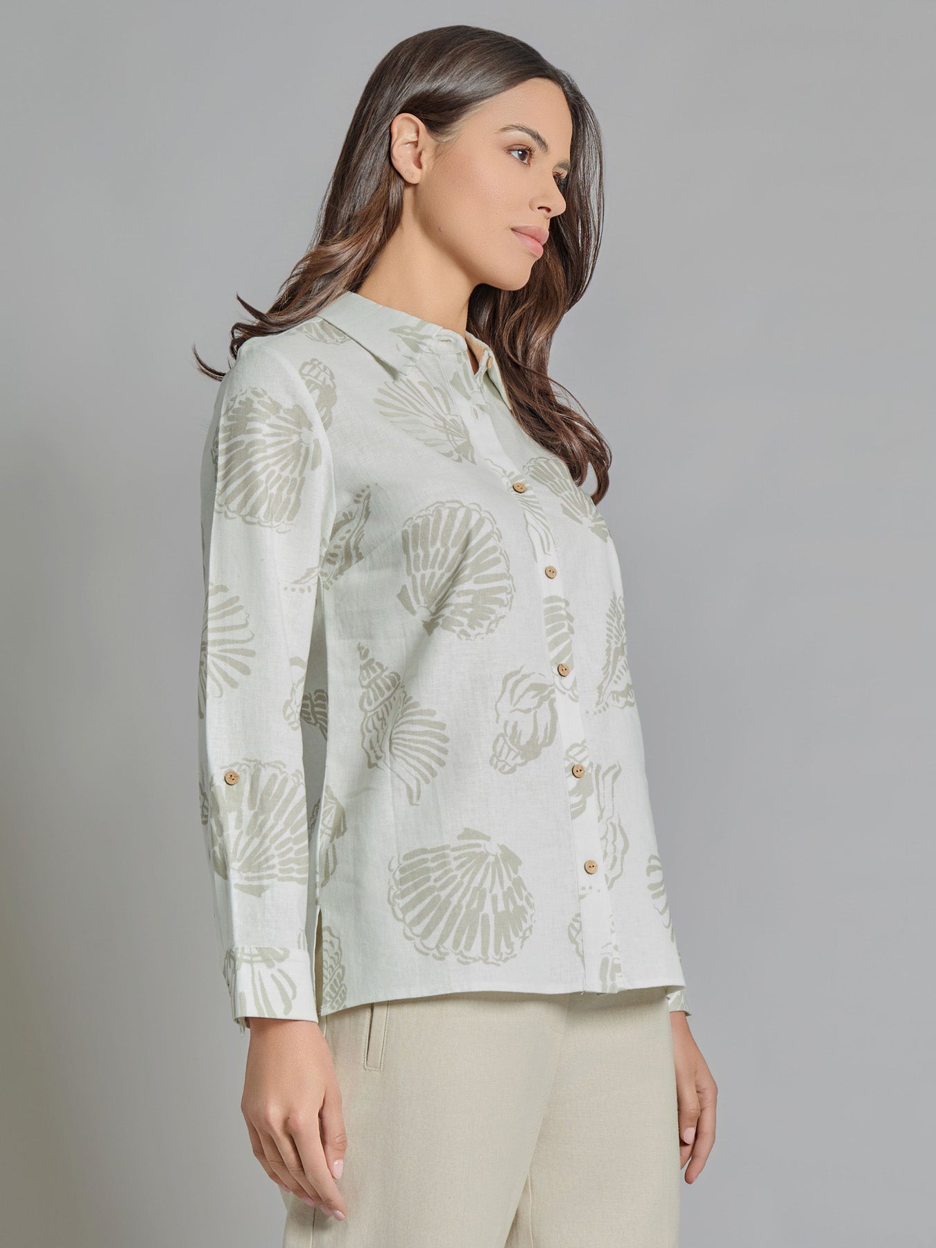 Roll-Tab Button-Front Blouse, Linen Blend