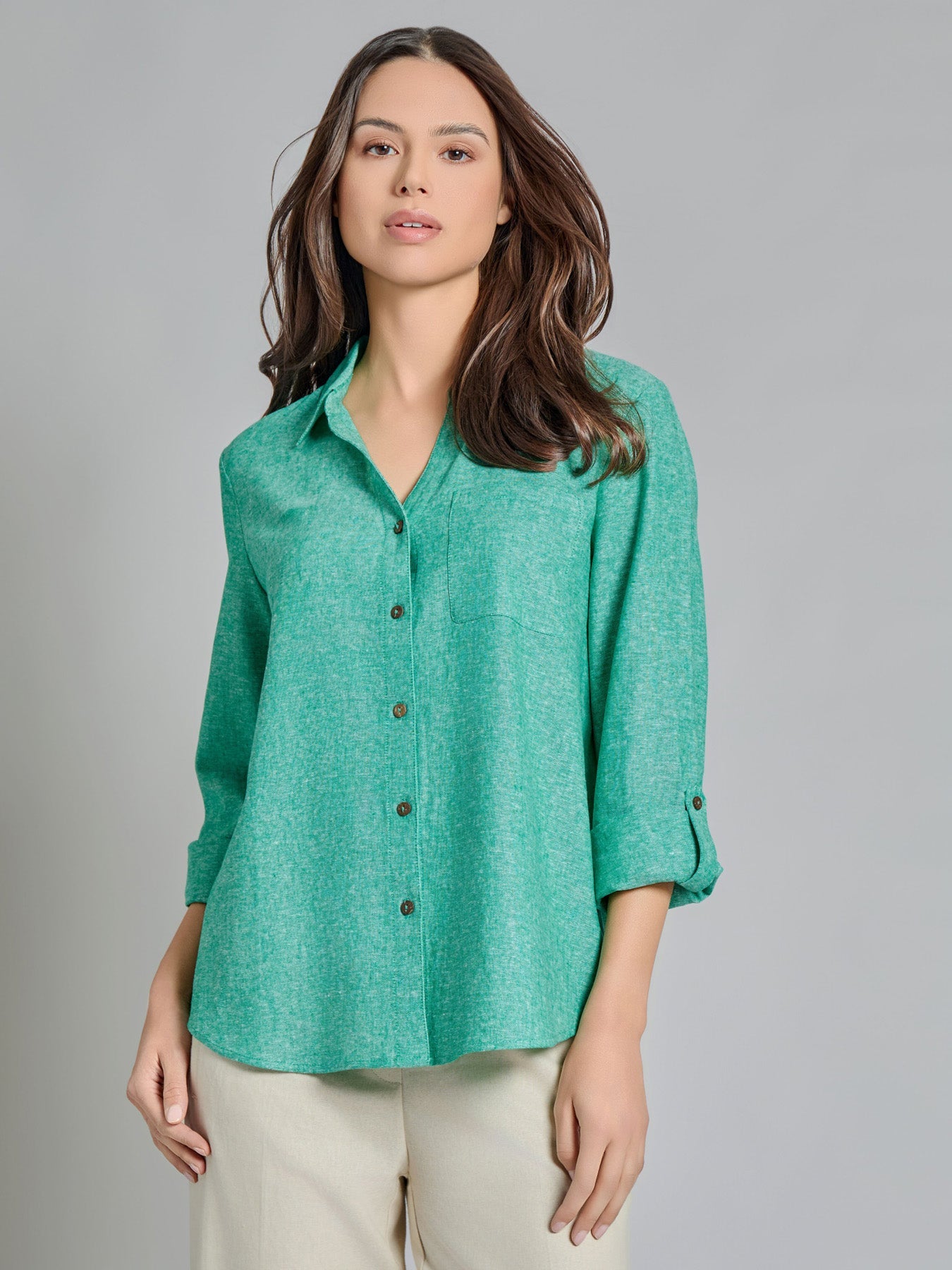 Roll-Tab Button-Front Blouse, Linen Blend