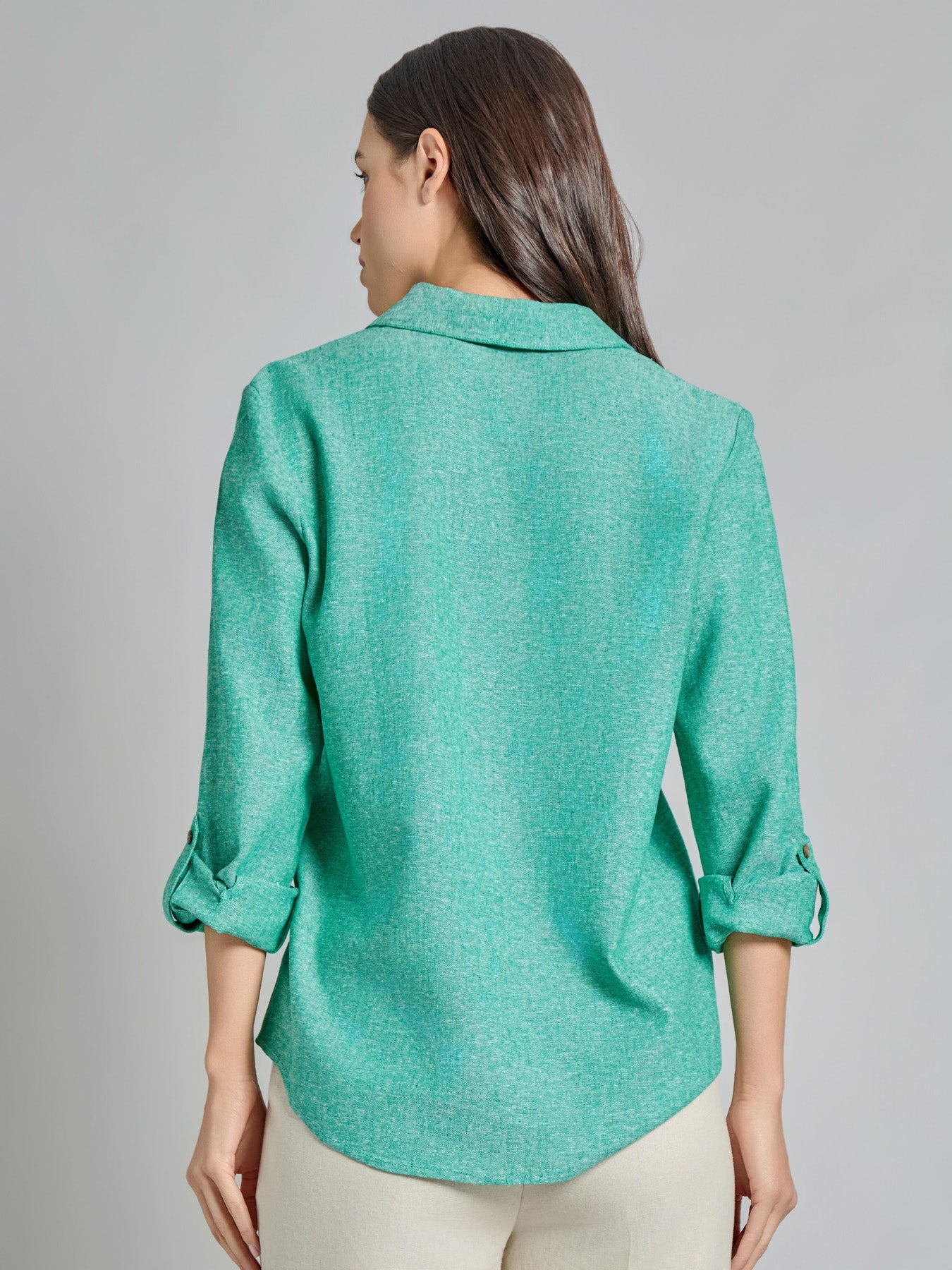 Roll-Tab Button-Front Blouse, Linen Blend