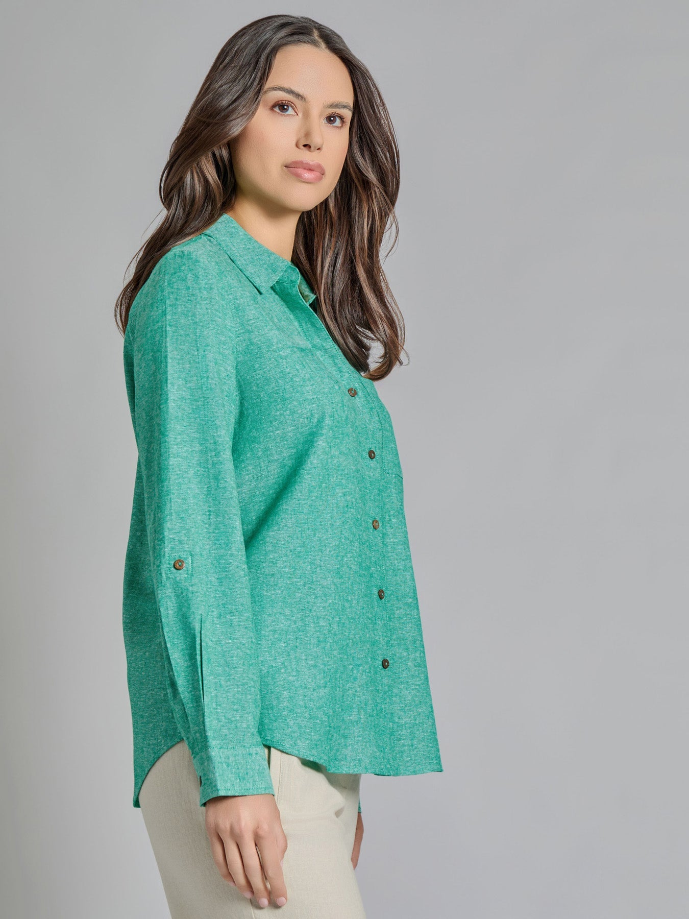 Roll-Tab Button-Front Blouse, Linen Blend