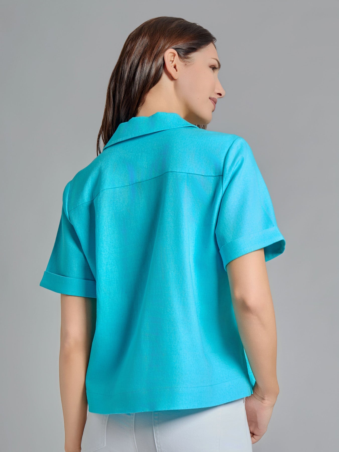 Short Sleeve Button-Front Shirt, Linen Blend