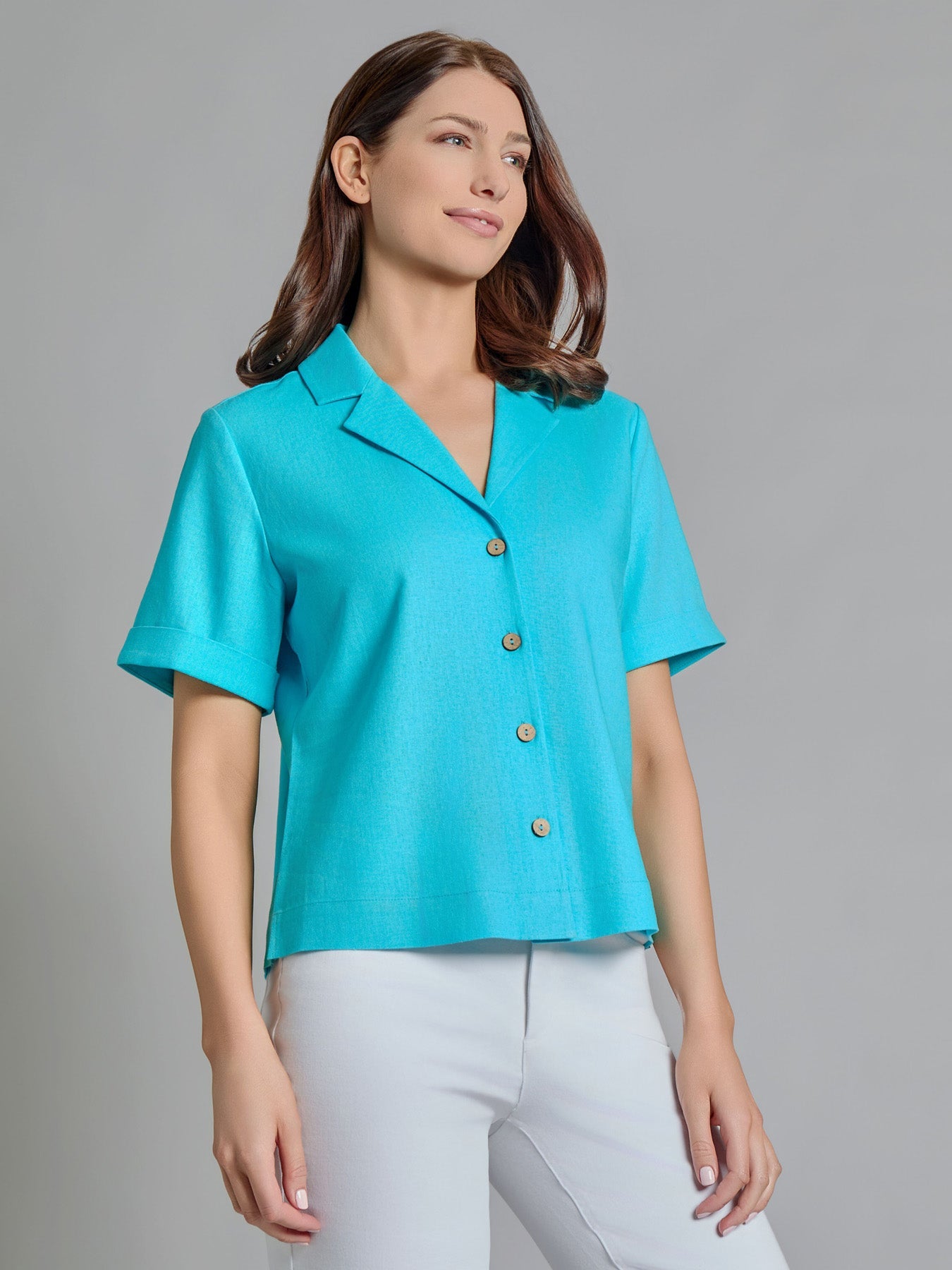 Short Sleeve Button-Front Shirt, Linen Blend