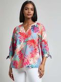 Plus Print V-Neck Tie-Sleeve Blouse, Linen Blend