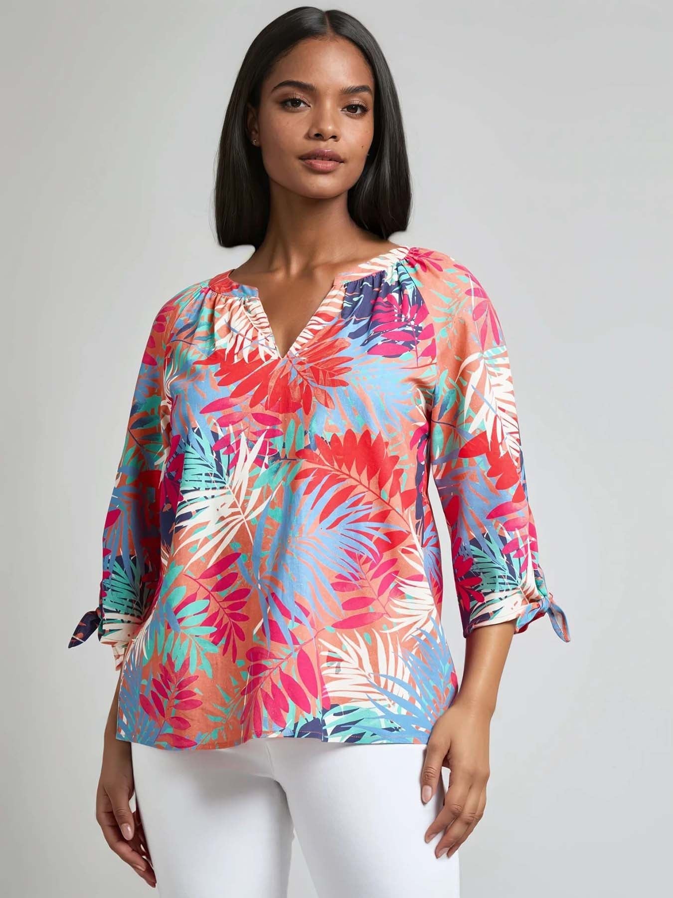 Petite Print V-Neck Tie-Sleeve Blouse, Linen Blend