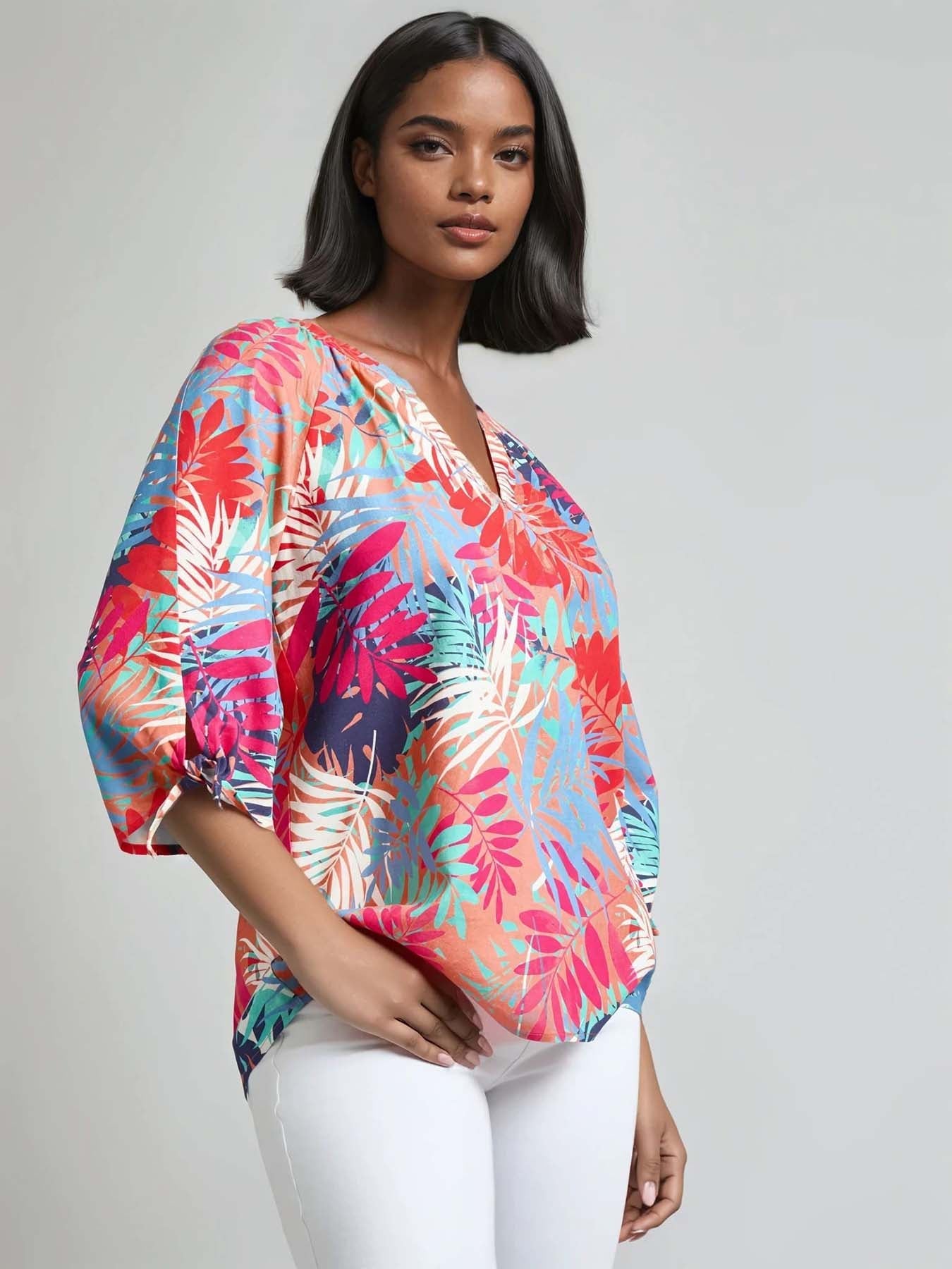 Petite Print V-Neck Tie-Sleeve Blouse, Linen Blend