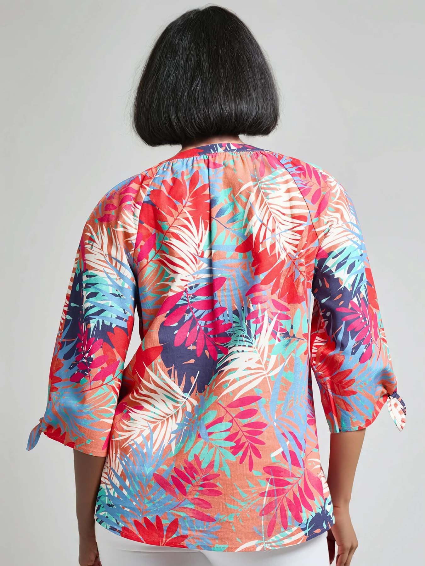 V-Neck Print Tie-Sleeve Blouse, Linen Blend