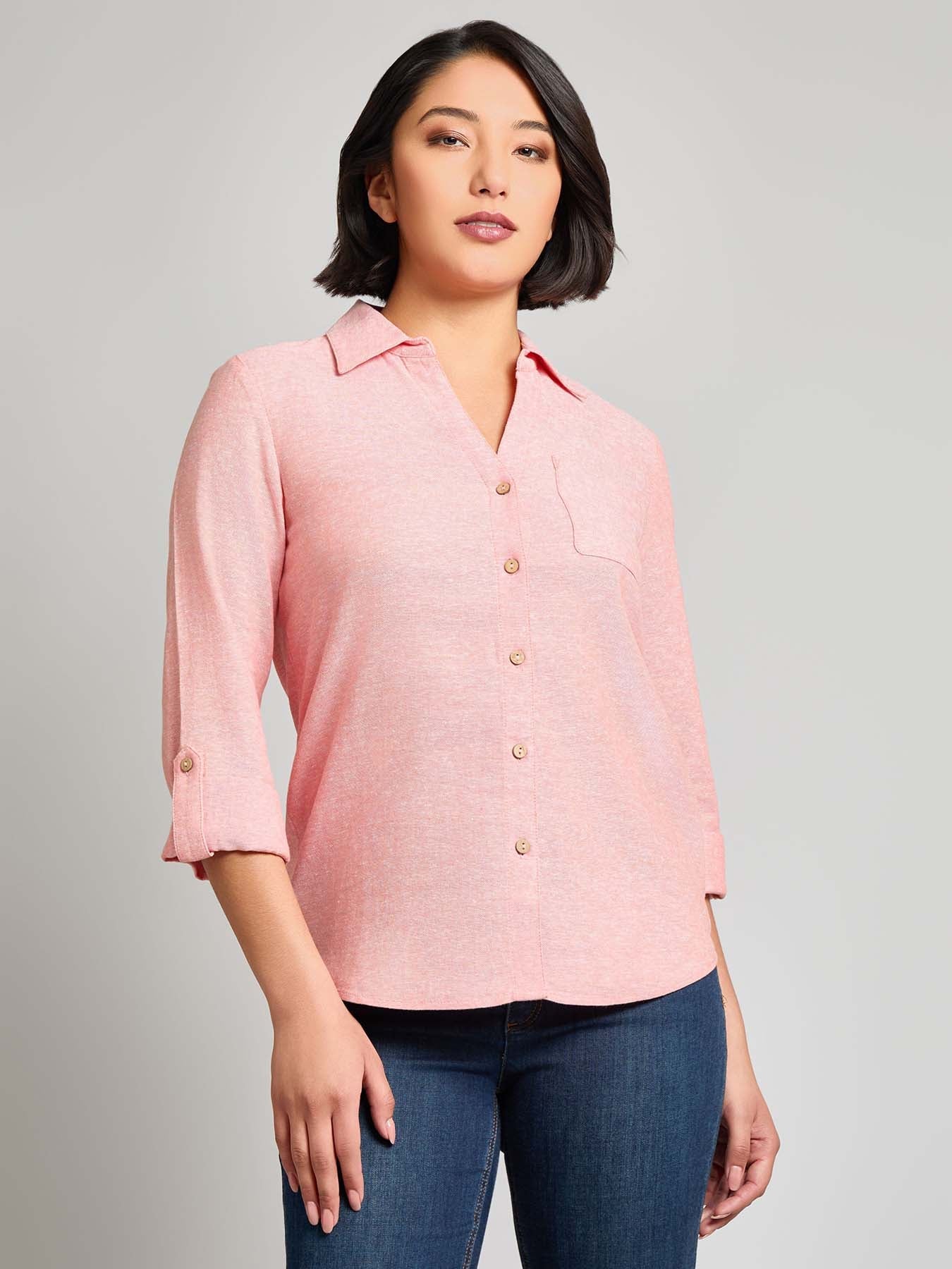 Y-Neck Button Front Tunic, Crossdye Linen Blend