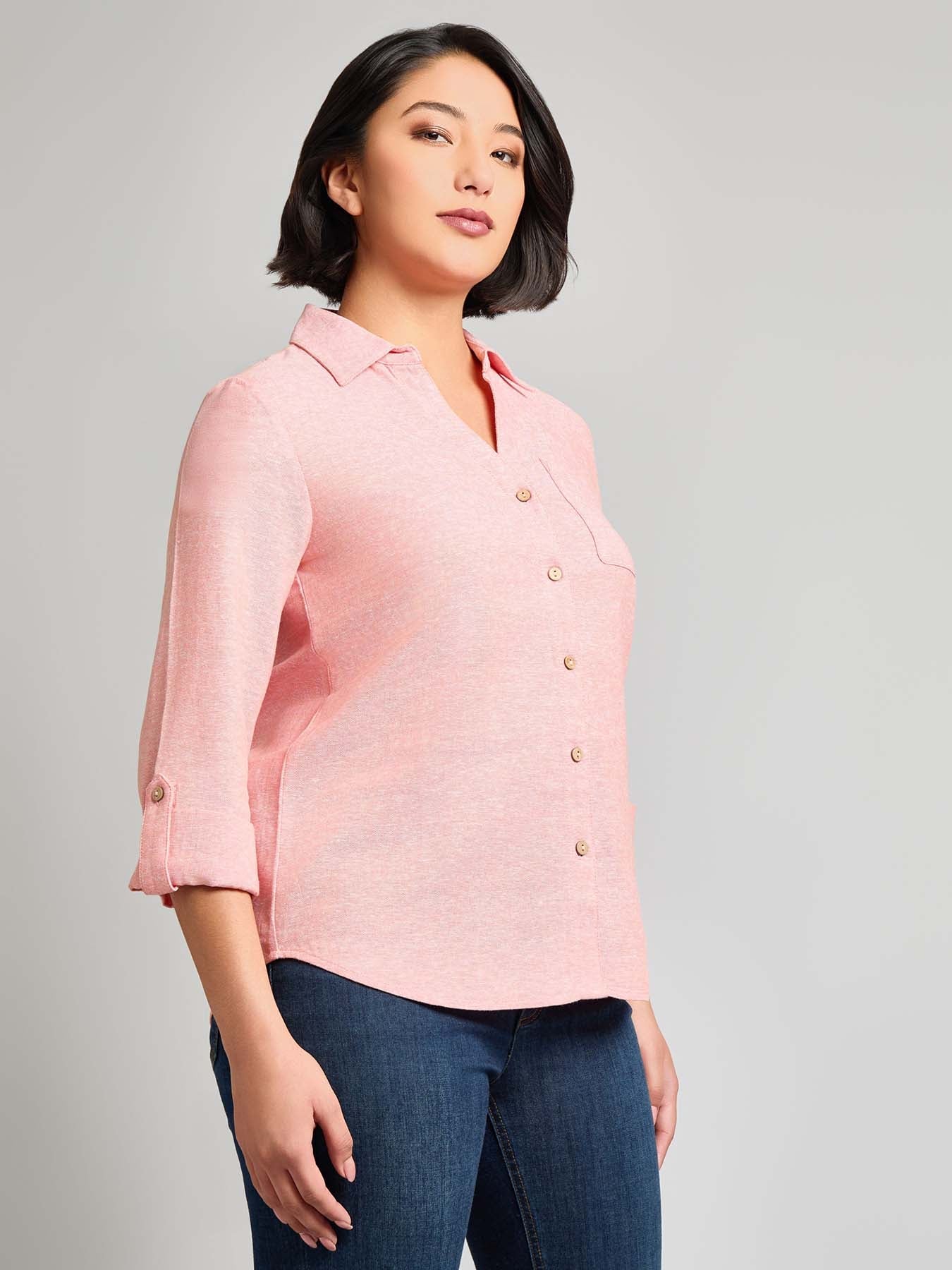 Y-Neck Button Front Tunic, Crossdye Linen Blend