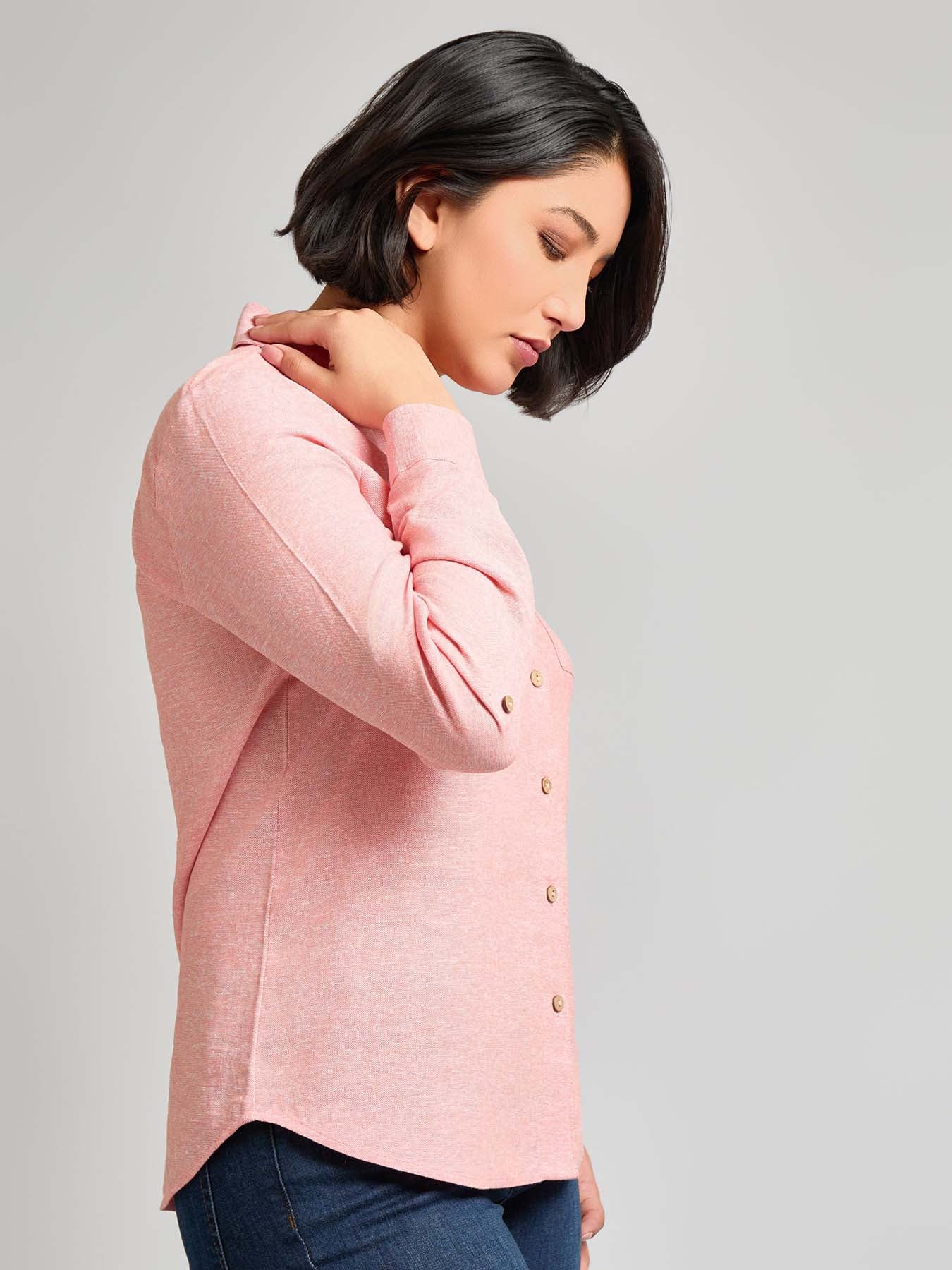 Y-Neck Button Front Tunic, Crossdye Linen Blend