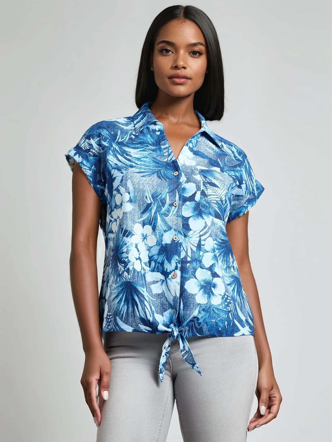 Tie-Front Button-Front Blouse, Printed Cotton