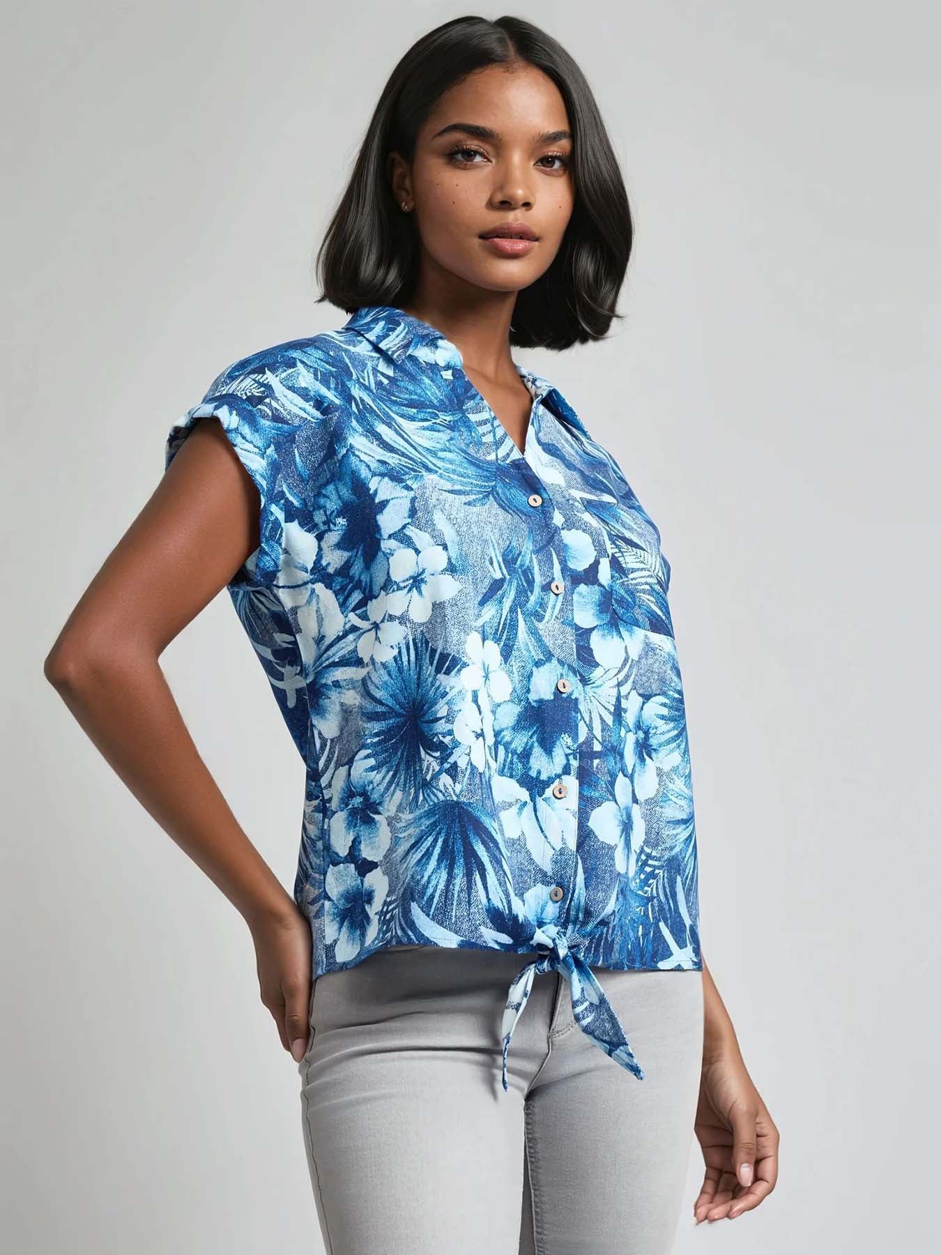 Tie-Front Button-Front Blouse, Printed Cotton