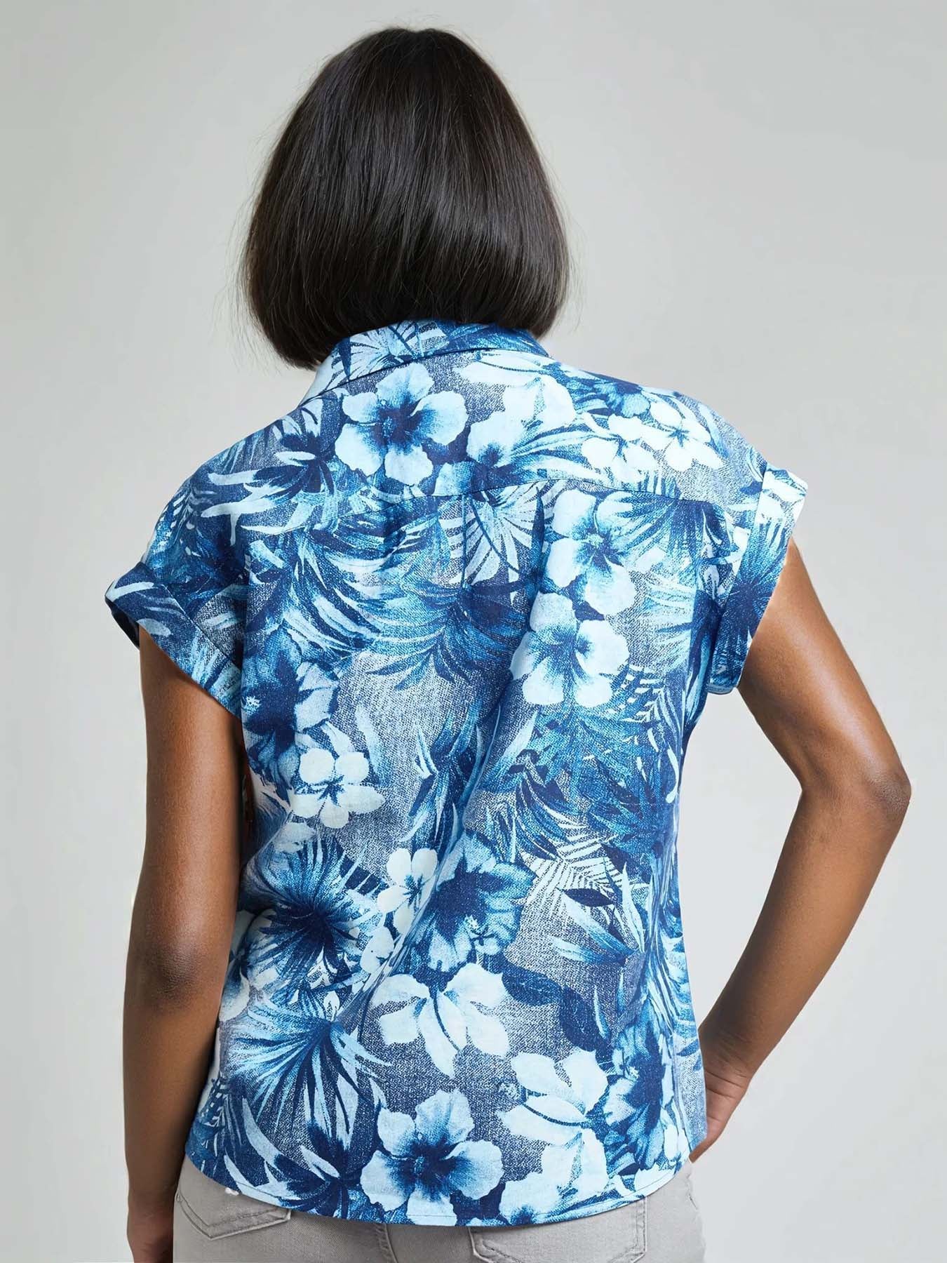 Tie-Front Button-Front Blouse, Printed Cotton