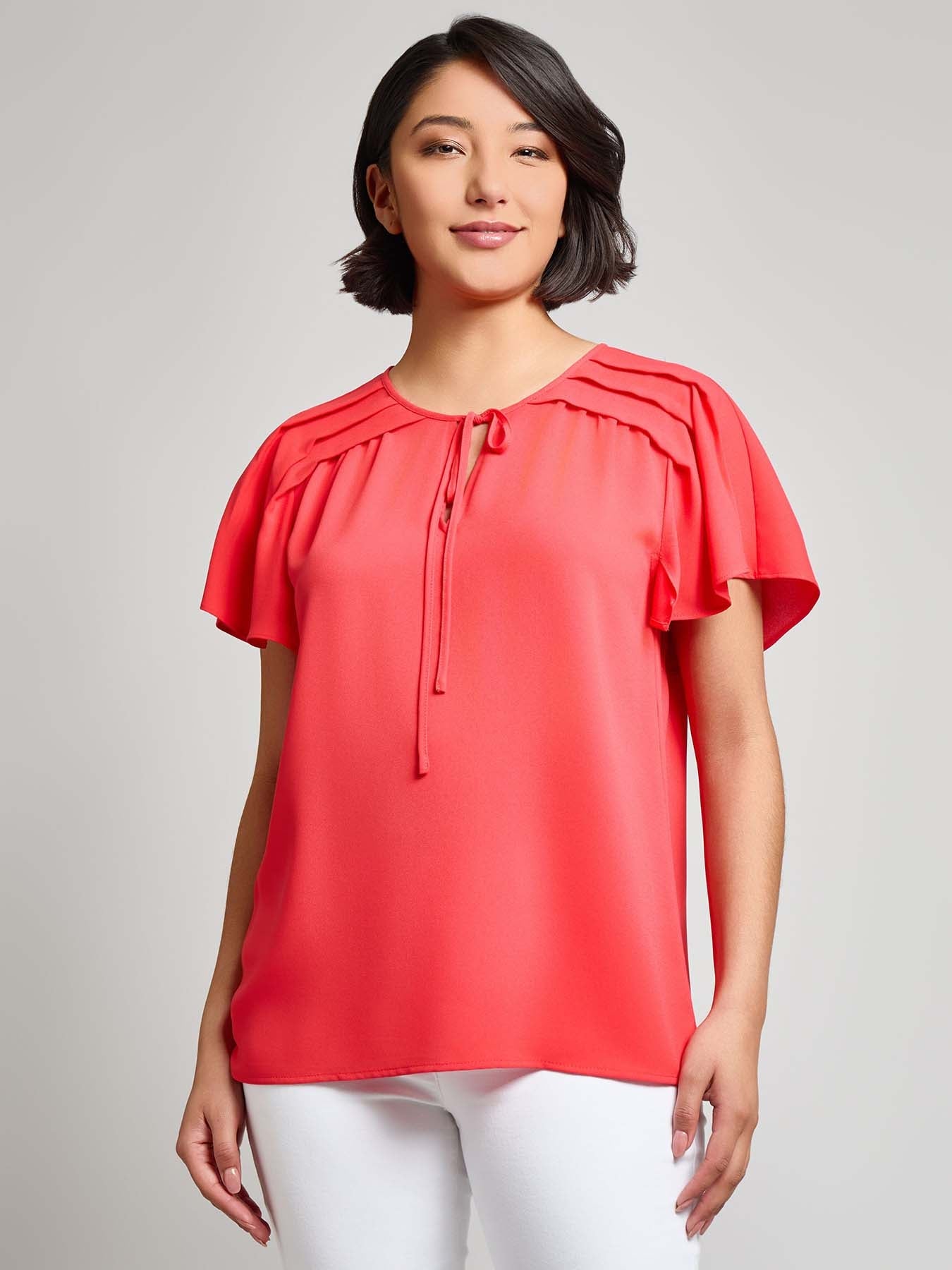 Pleated Shoulder Flutter Sleeve Blouse, Jasper Crepe